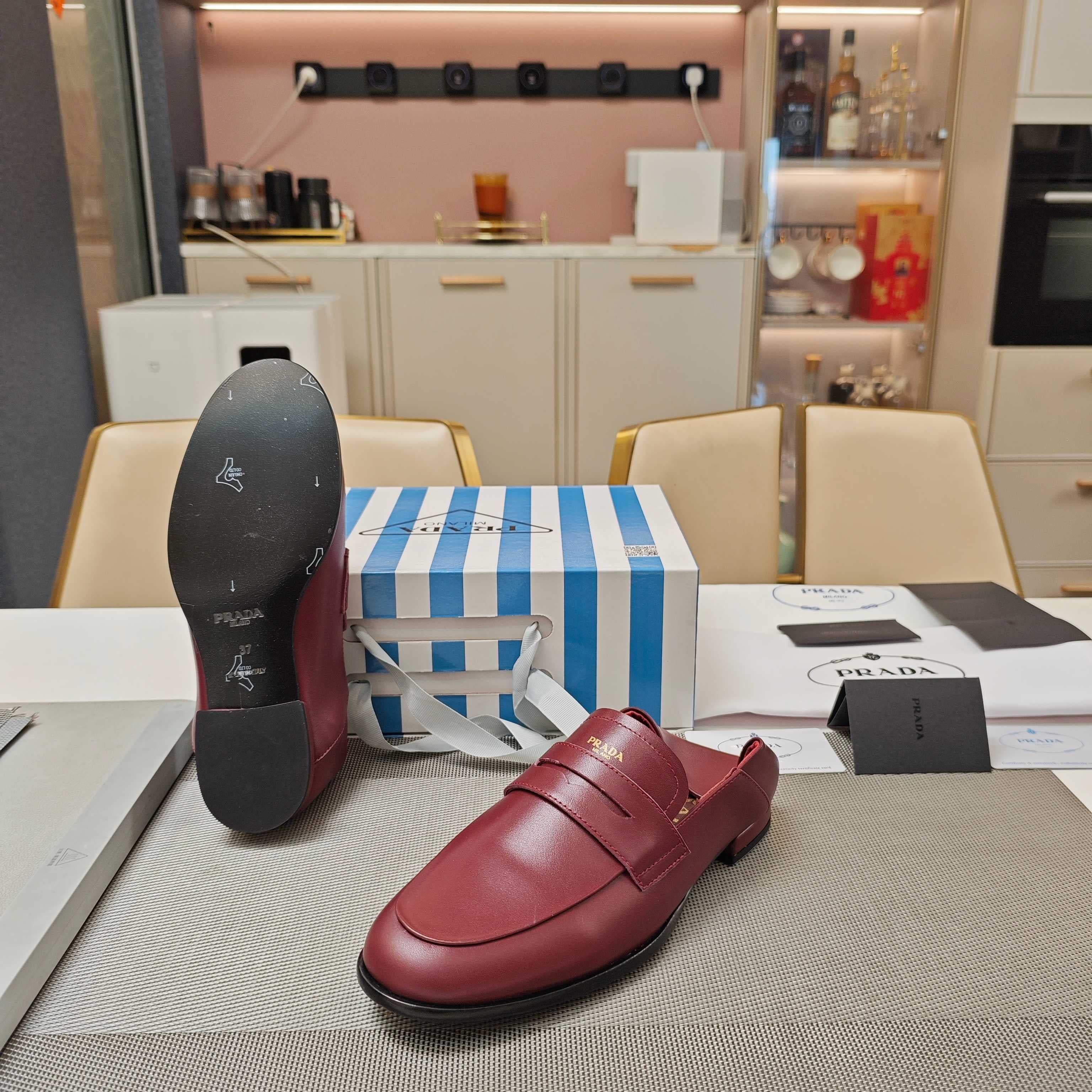 PRADA 26S LOAFERS 20MM IN BURGUNDY RED CALFSKIN