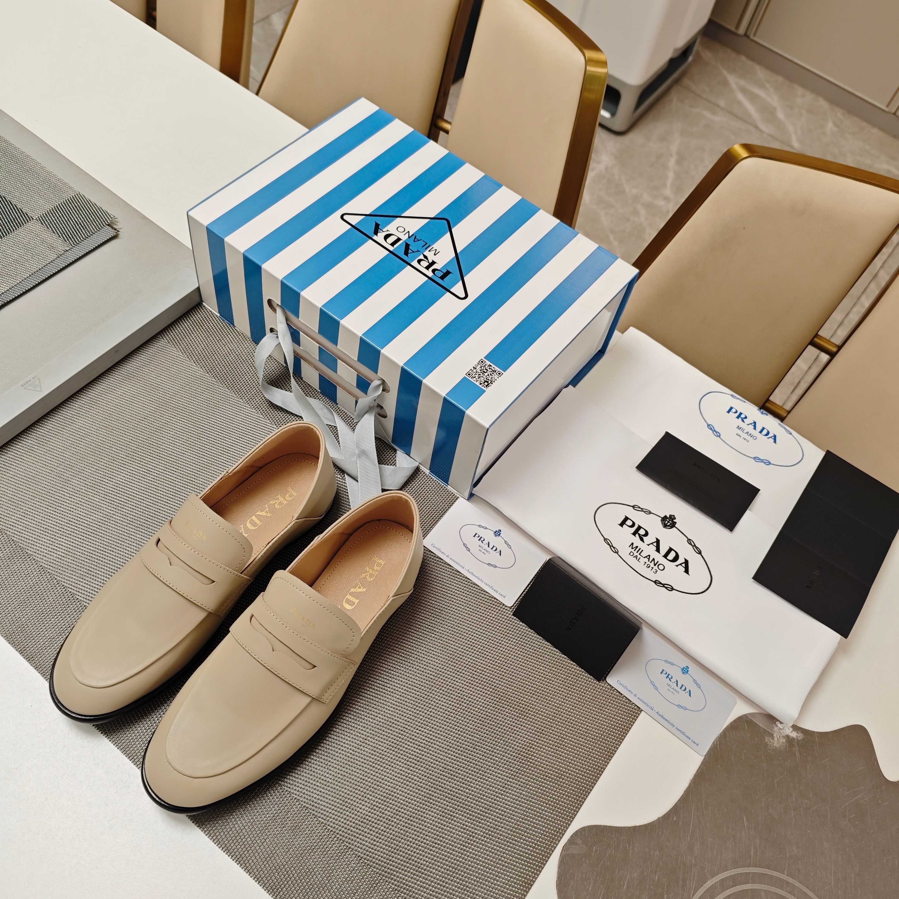 PRADA 26S LOAFERS 20MM IN BEIGE CALFSKIN