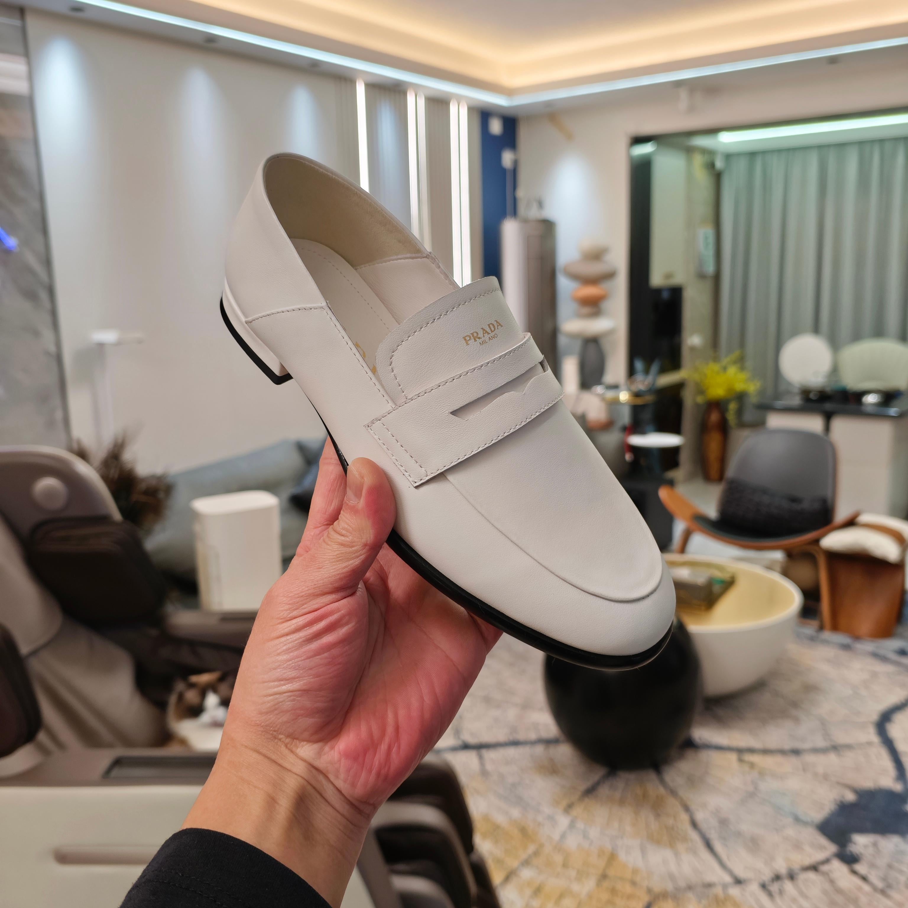PRADA 26S LOAFERS 20MM IN CREAM WHITE CALFSKIN