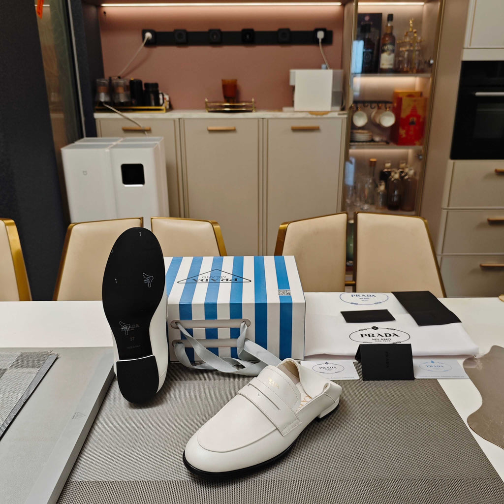 PRADA 26S LOAFERS 20MM IN CREAM WHITE CALFSKIN