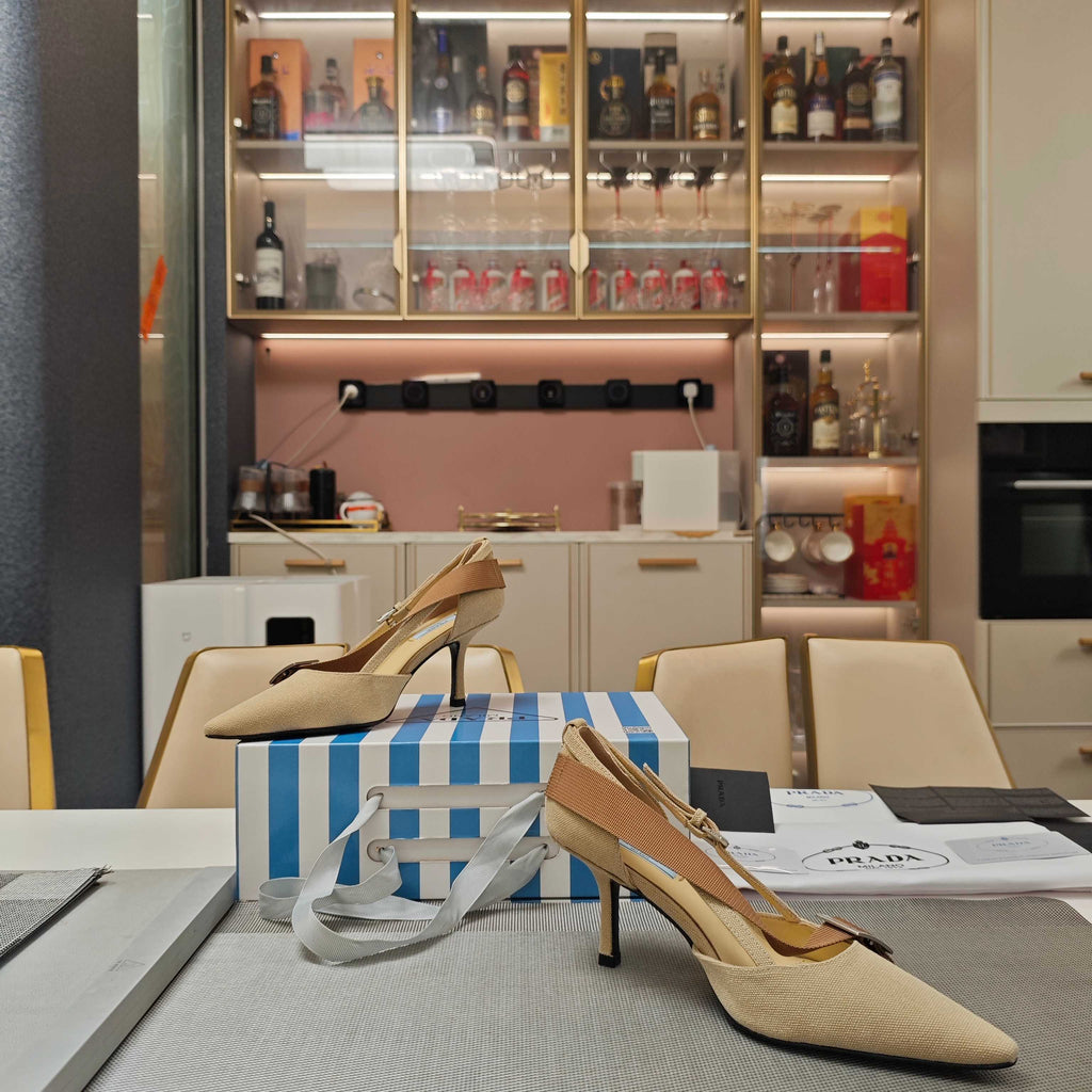 PRADA 26S SLINGBACK SANDALS 70MM IN BEIGE FABRIC