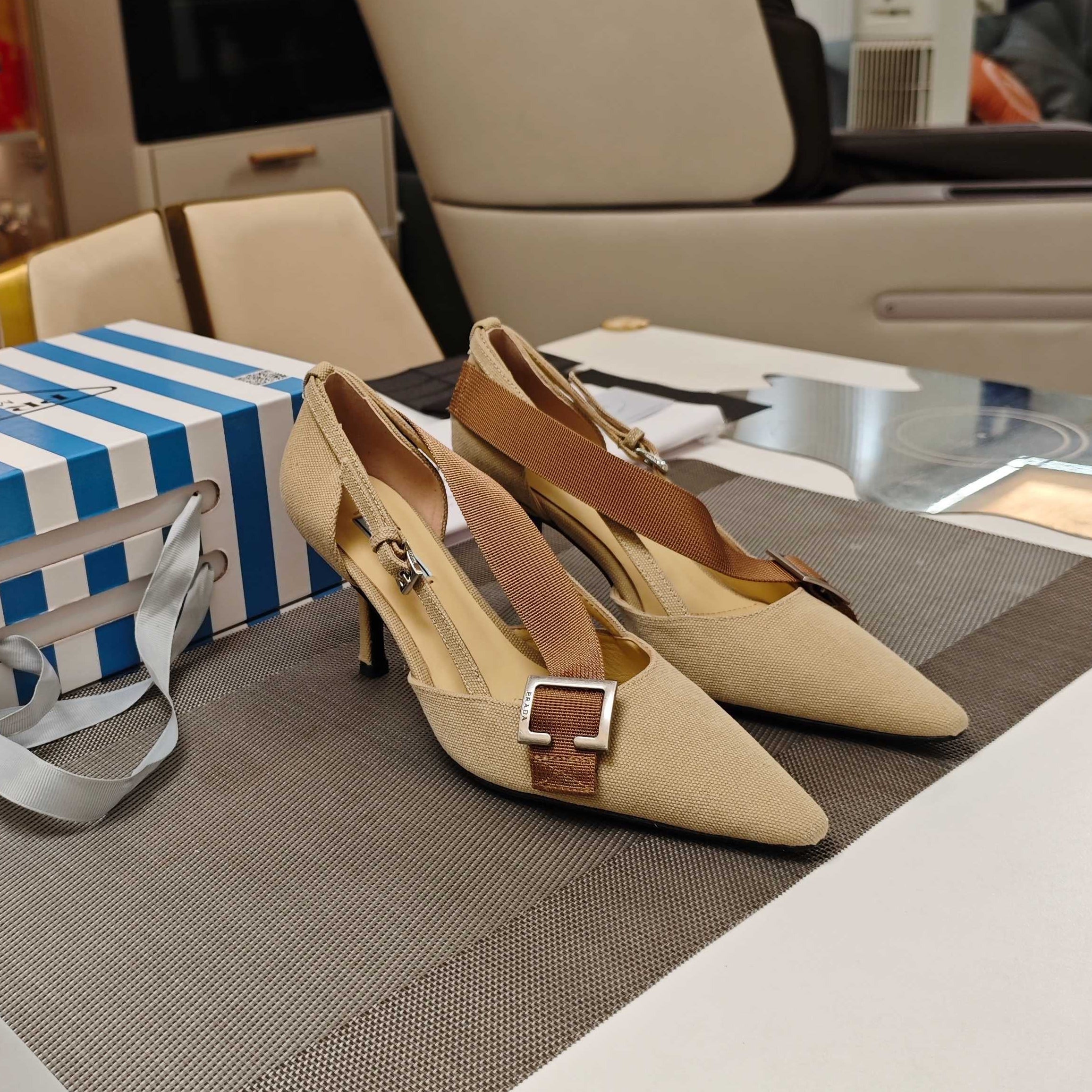 PRADA 26S SLINGBACK SANDALS 70MM IN BEIGE FABRIC