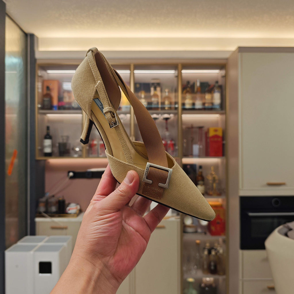 PRADA 26S SLINGBACK SANDALS 70MM IN BEIGE FABRIC