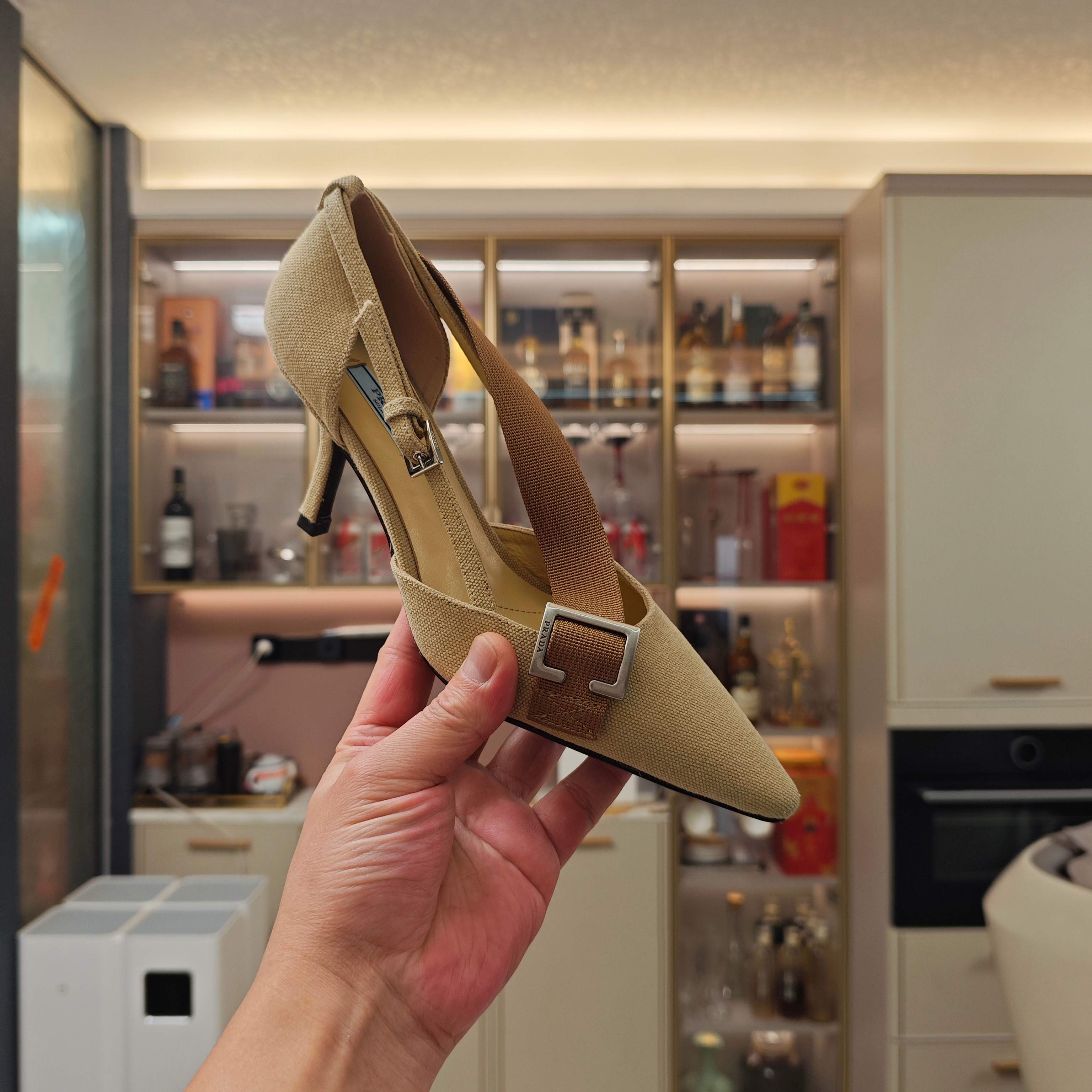 PRADA 26S SLINGBACK SANDALS 70MM IN BEIGE FABRIC