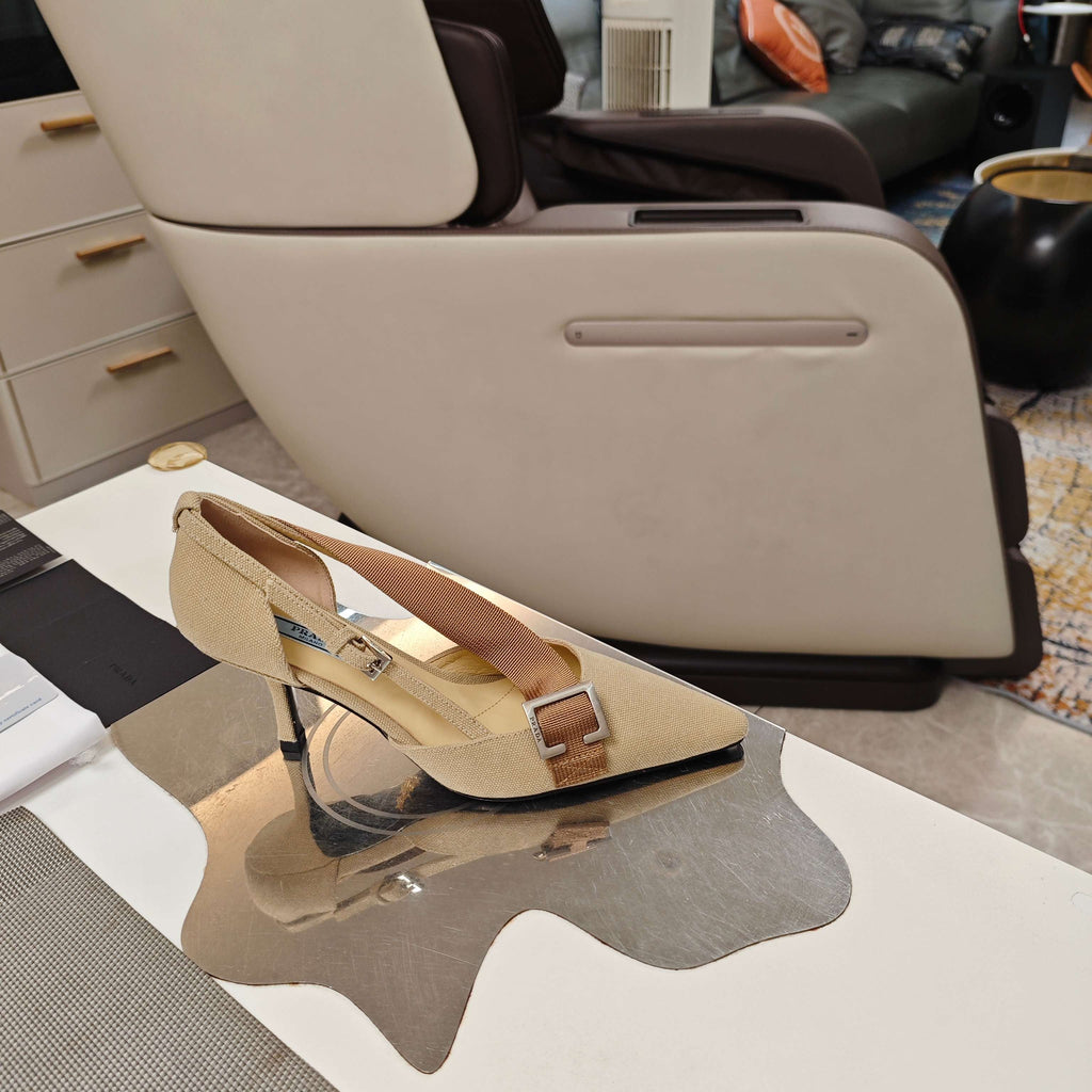 PRADA 26S SLINGBACK SANDALS 70MM IN BEIGE FABRIC