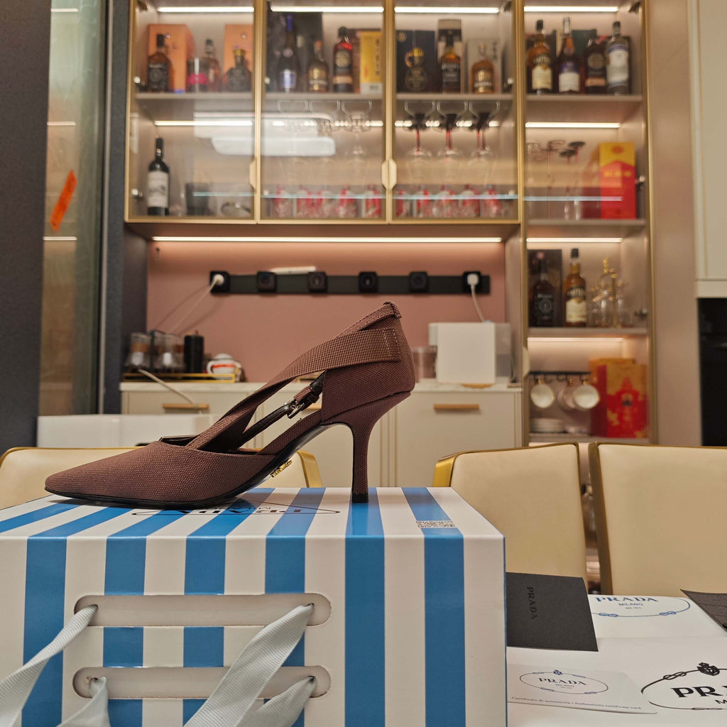 PRADA 26S SLINGBACK SANDALS 70MM IN ROSE BROWN FABRIC