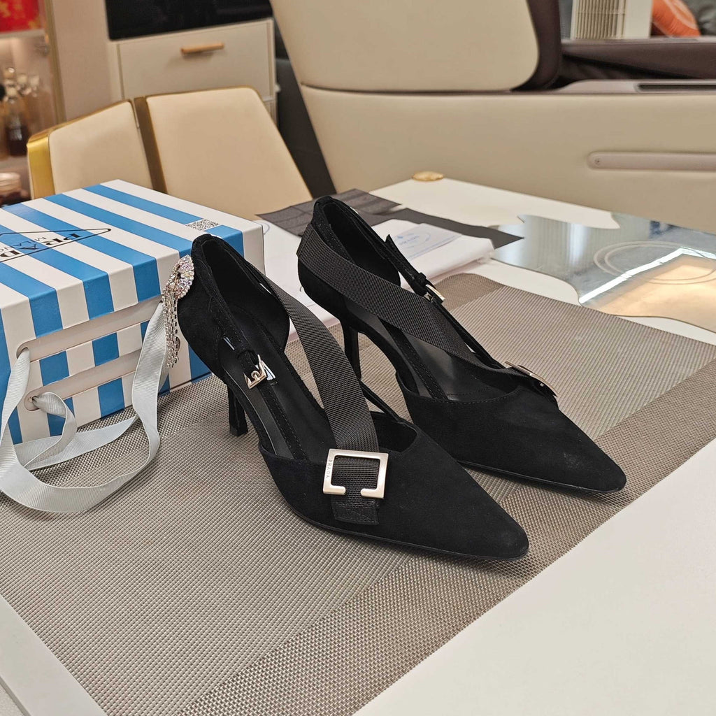PRADA 26S POINTED-TOE HIGH-HEELED 70MM IN BLACK SUEDE