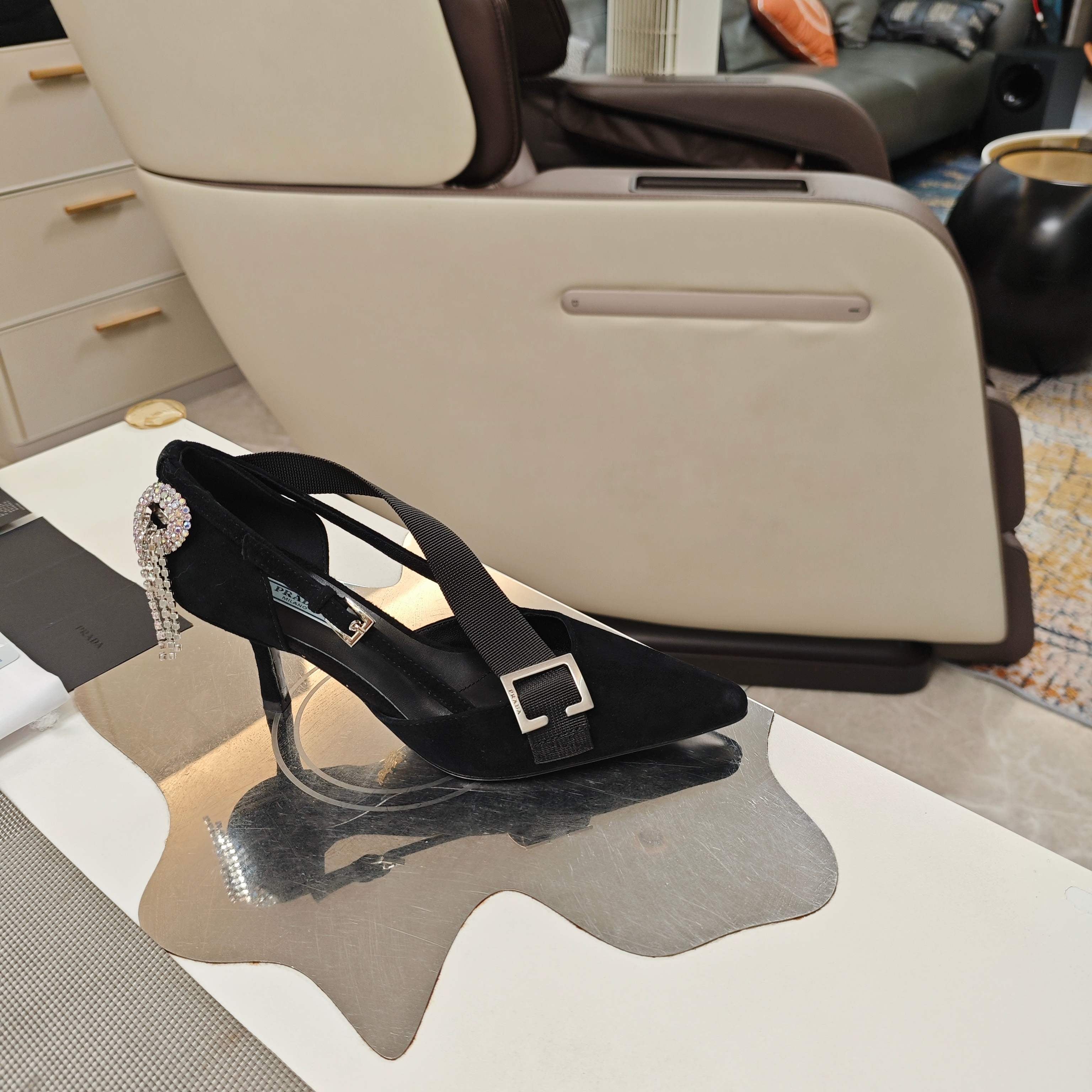 PRADA 26S POINTED-TOE HIGH-HEELED 70MM IN BLACK SUEDE