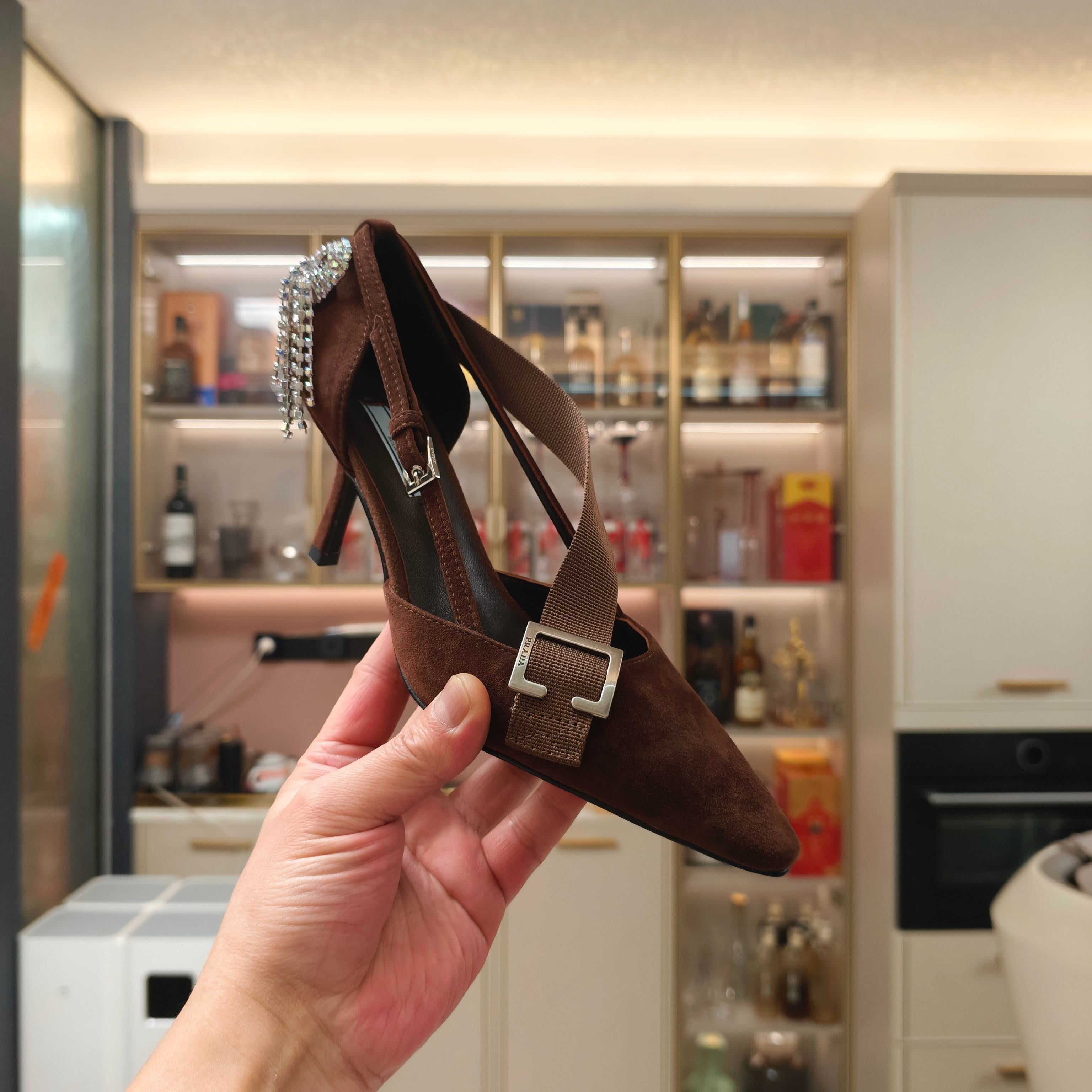 PRADA 26S POINTED-TOE HIGH-HEELED 70MM IN DARK BROWN SUEDE