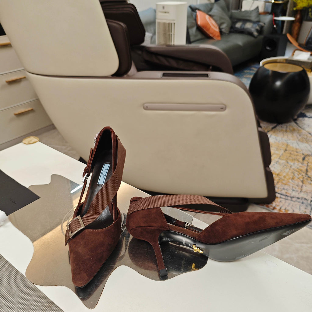 PRADA 26S POINTED-TOE HIGH-HEELED 70MM IN DARK BROWN SUEDE