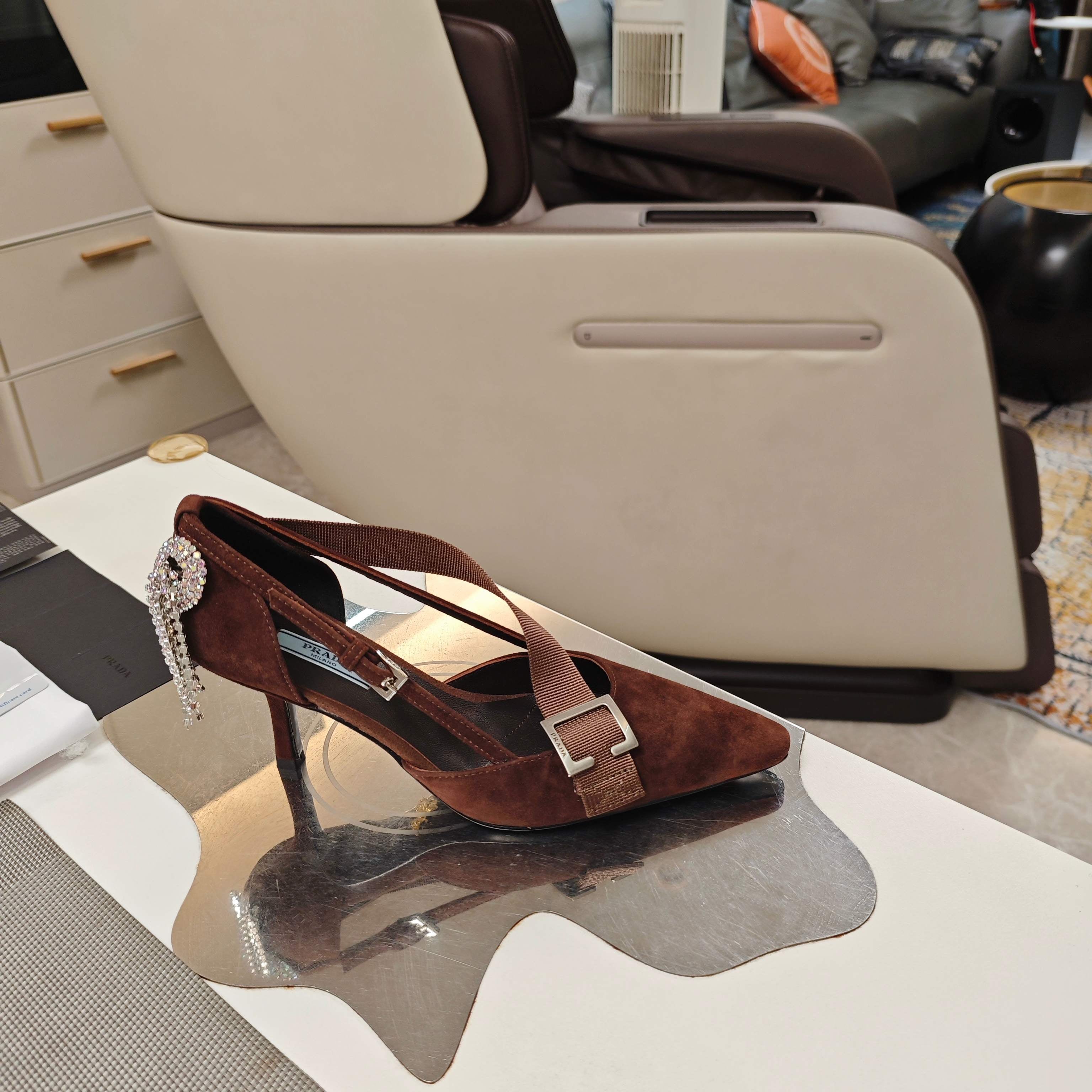 PRADA 26S POINTED-TOE HIGH-HEELED 70MM IN DARK BROWN SUEDE