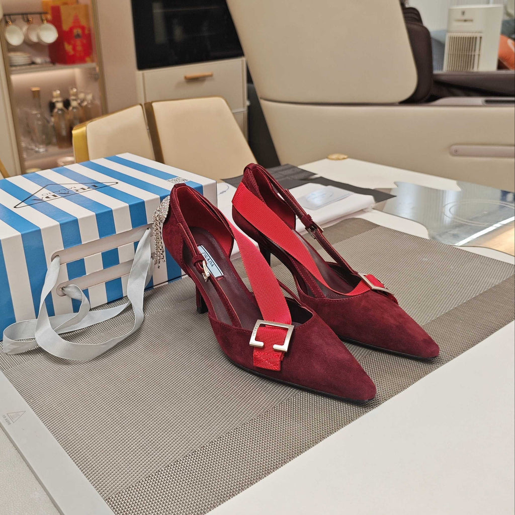 PRADA 26S POINTED-TOE HIGH-HEELED 70MM IN DARK RED SUEDE