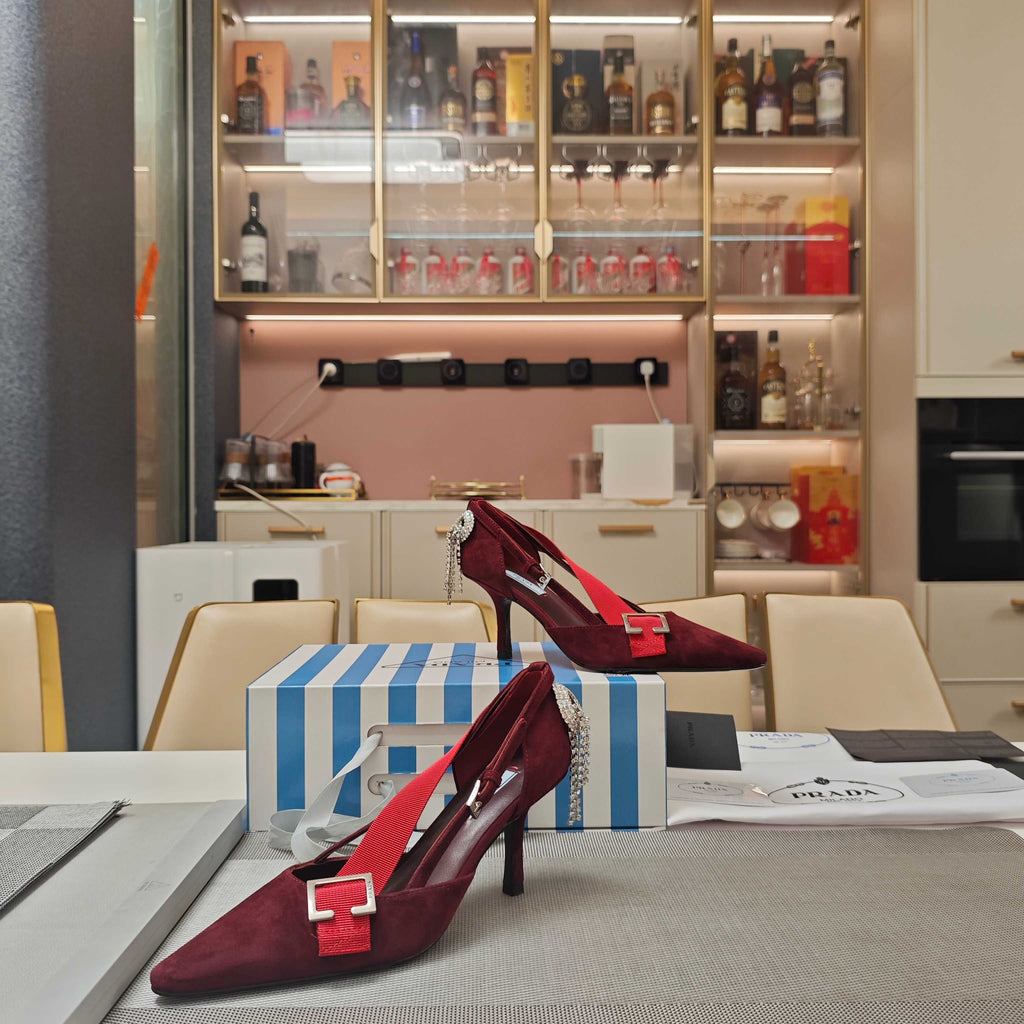 PRADA 26S POINTED-TOE HIGH-HEELED 70MM IN DARK RED SUEDE