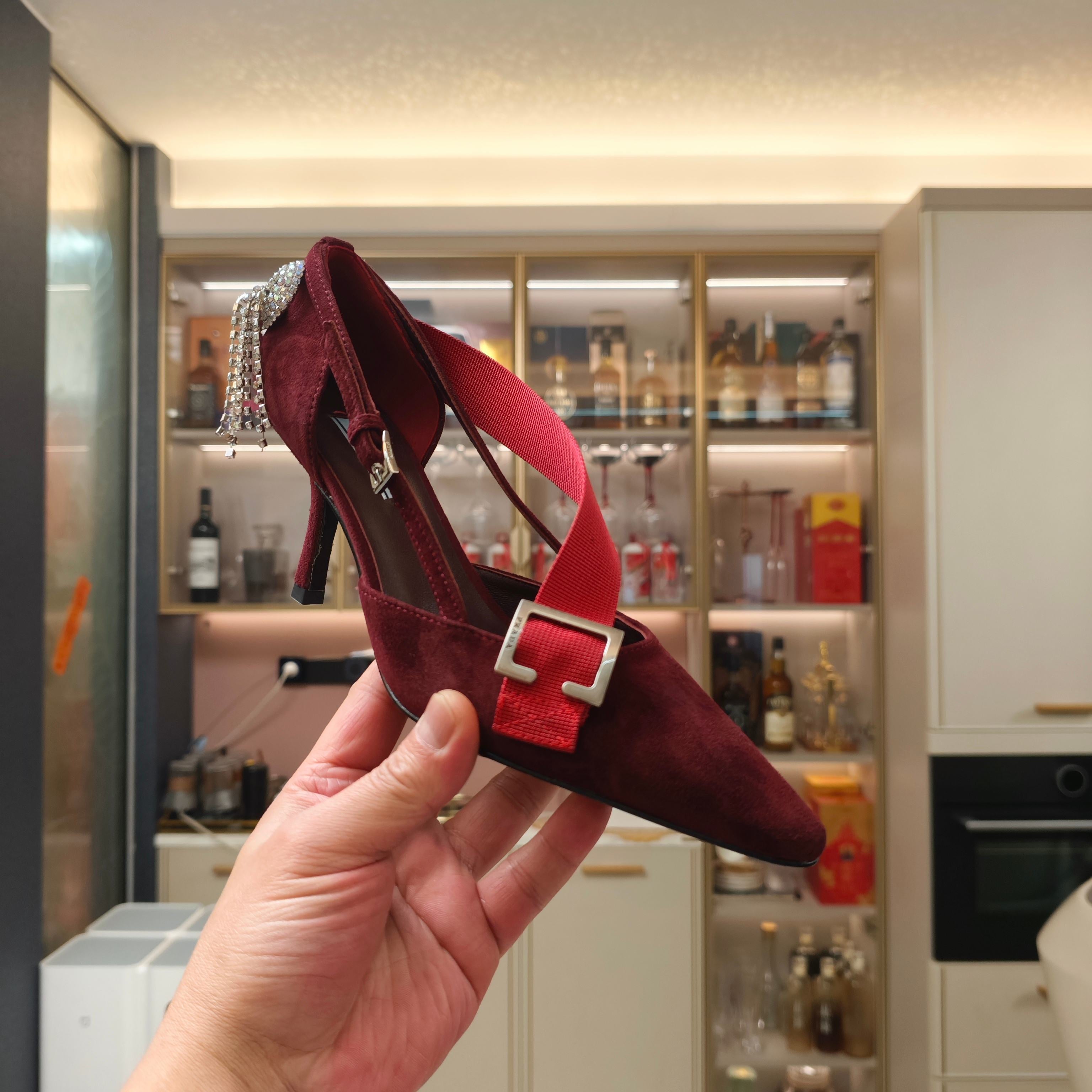 PRADA 26S POINTED-TOE HIGH-HEELED 70MM IN DARK RED SUEDE