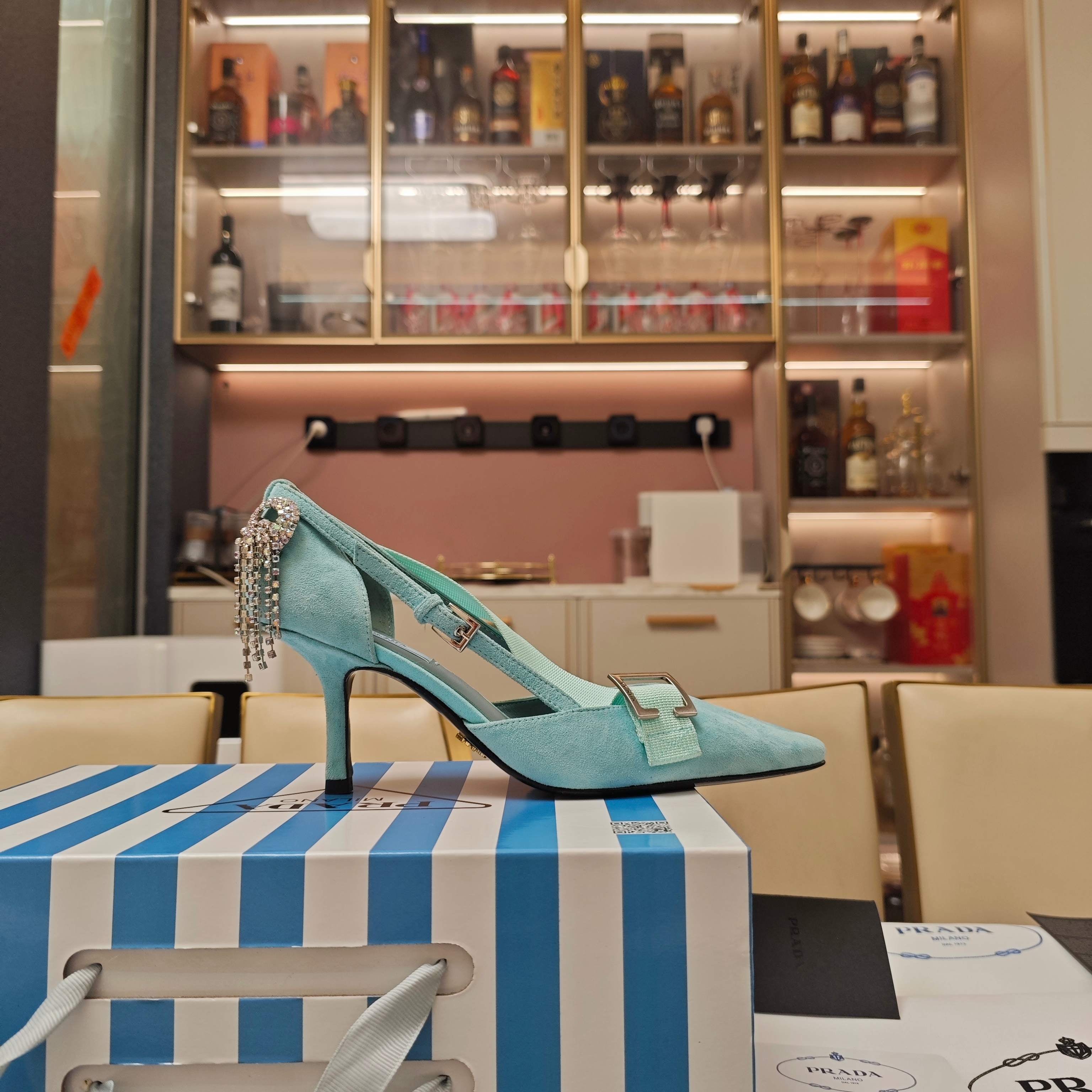 PRADA 26S POINTED-TOE HIGH-HEELED 70MM IN DUSTY TEAL BLUE SUEDE