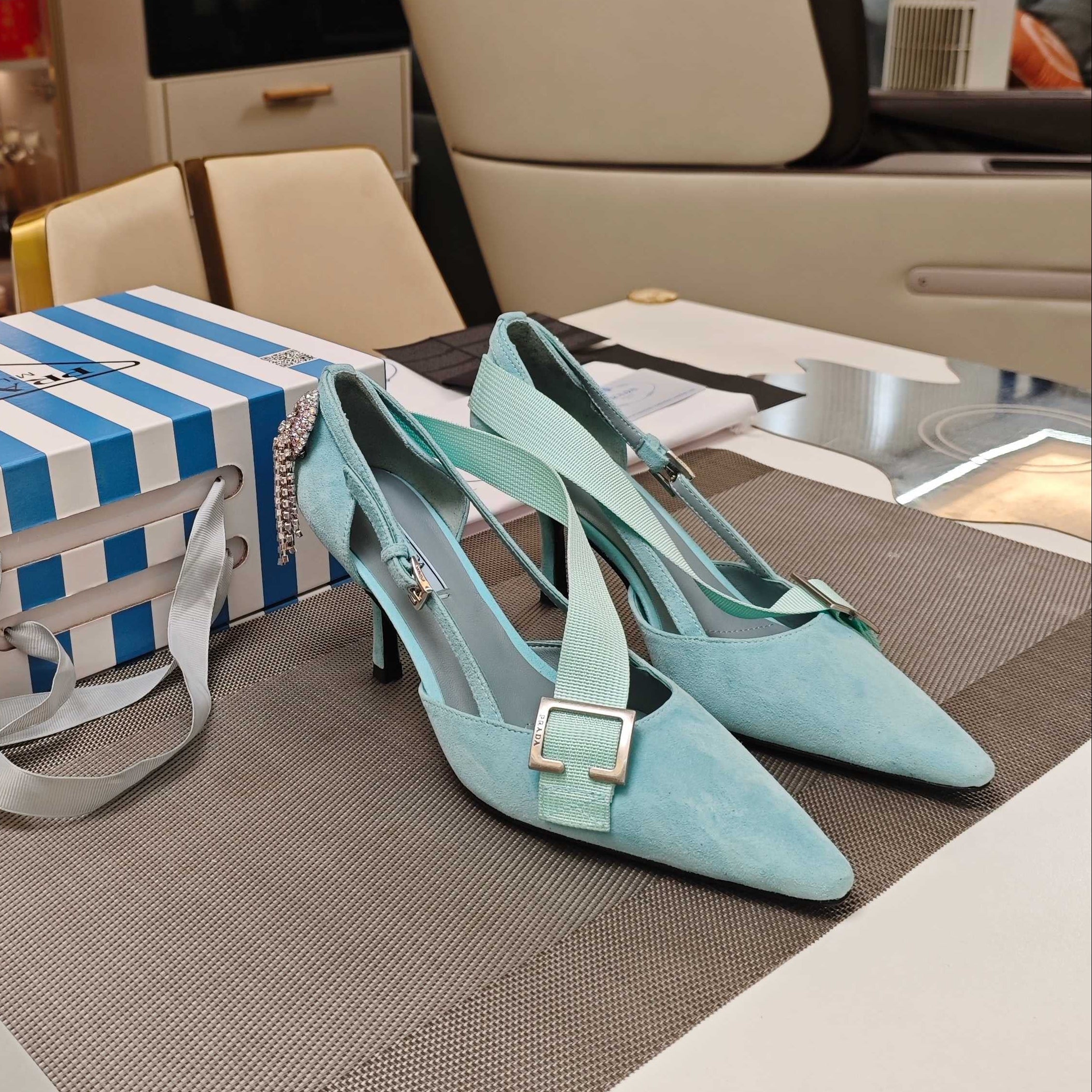PRADA 26S POINTED-TOE HIGH-HEELED 70MM IN DUSTY TEAL BLUE SUEDE