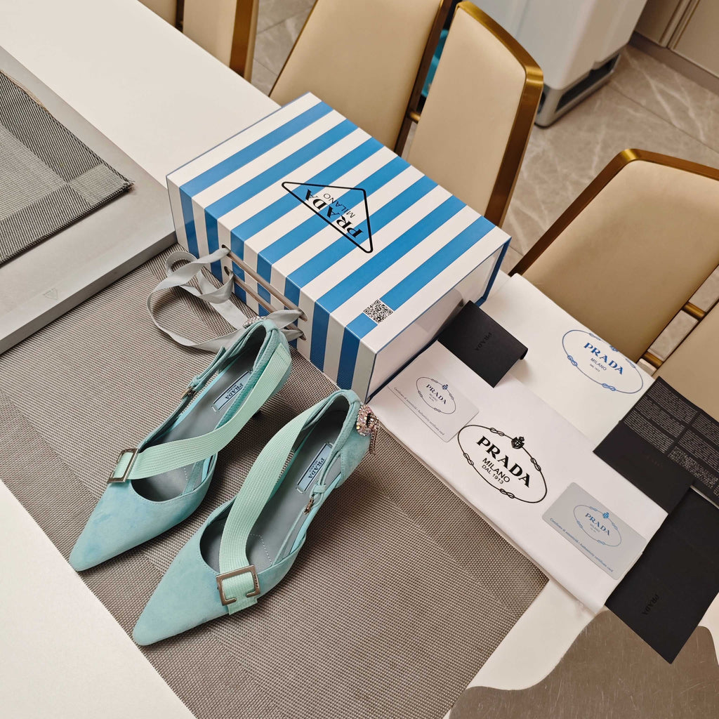 PRADA 26S POINTED-TOE HIGH-HEELED 70MM IN DUSTY TEAL BLUE SUEDE
