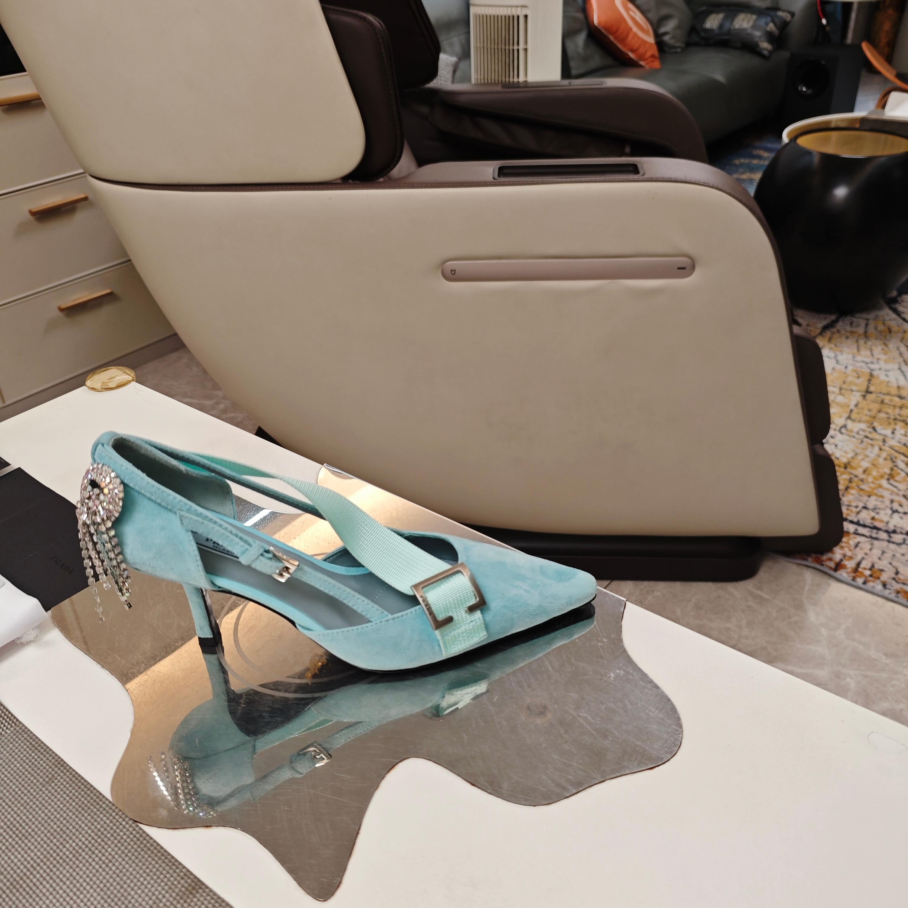 PRADA 26S POINTED-TOE HIGH-HEELED 70MM IN DUSTY TEAL BLUE SUEDE