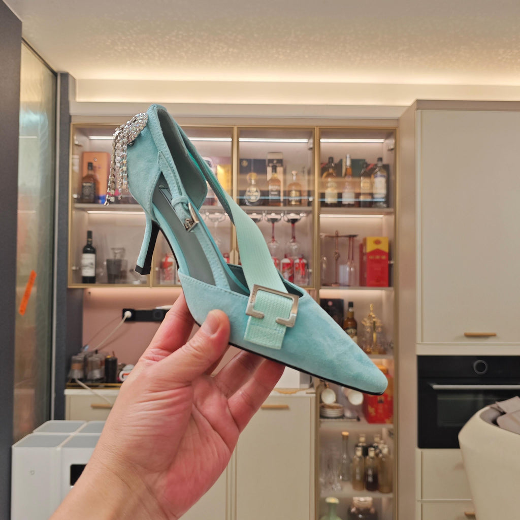 PRADA 26S POINTED-TOE HIGH-HEELED 70MM IN DUSTY TEAL BLUE SUEDE