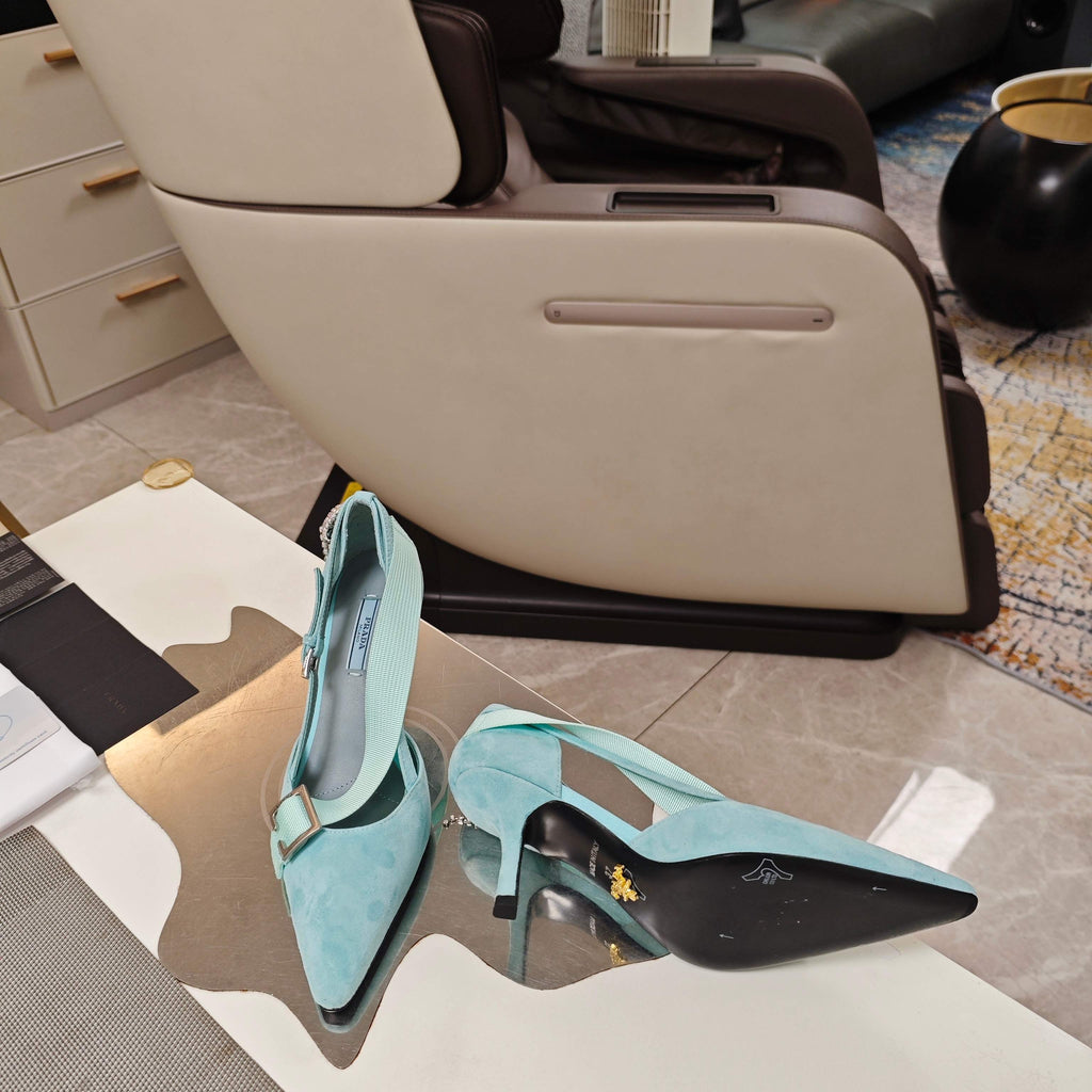 PRADA 26S POINTED-TOE HIGH-HEELED 70MM IN DUSTY TEAL BLUE SUEDE