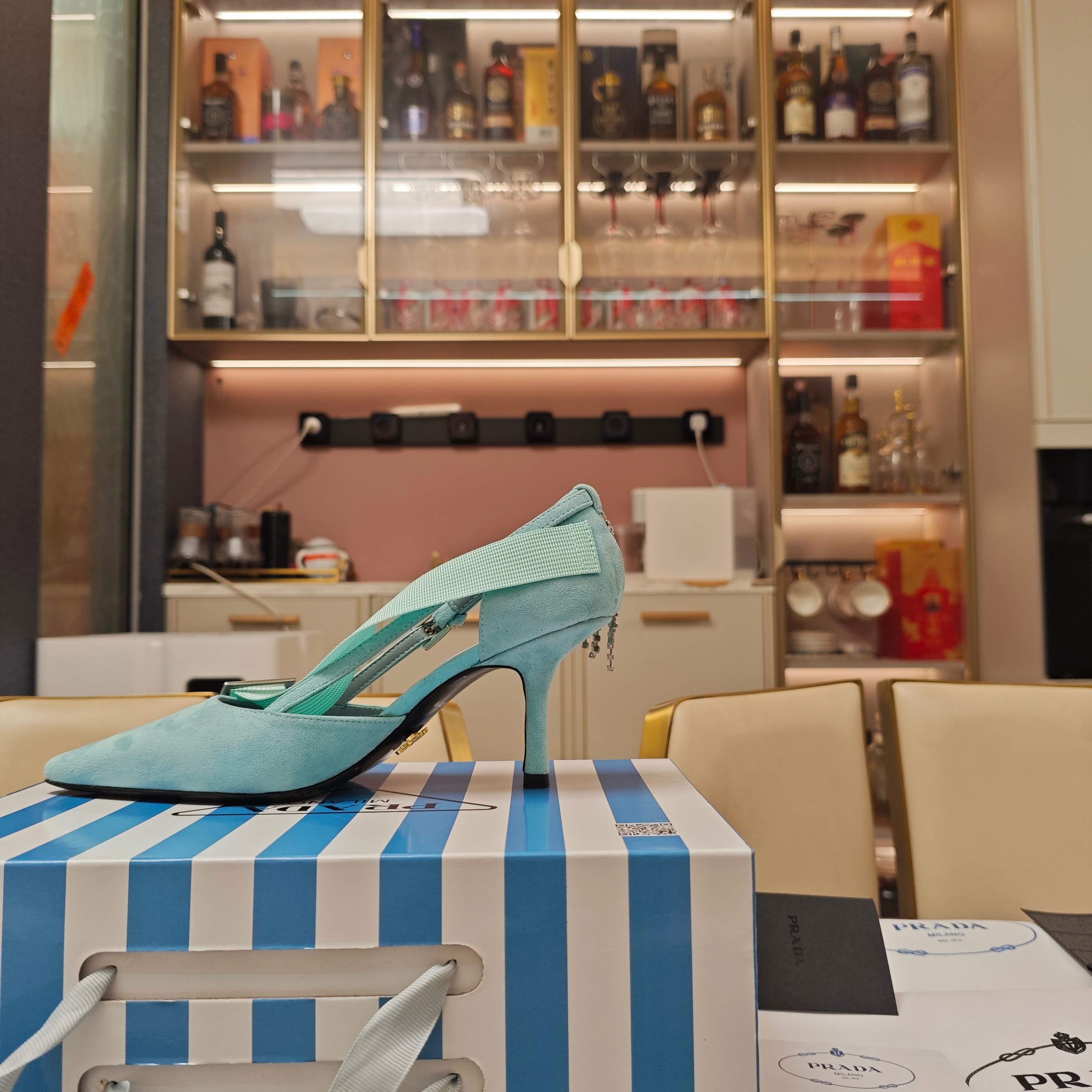 PRADA 26S POINTED-TOE HIGH-HEELED 70MM IN DUSTY TEAL BLUE SUEDE