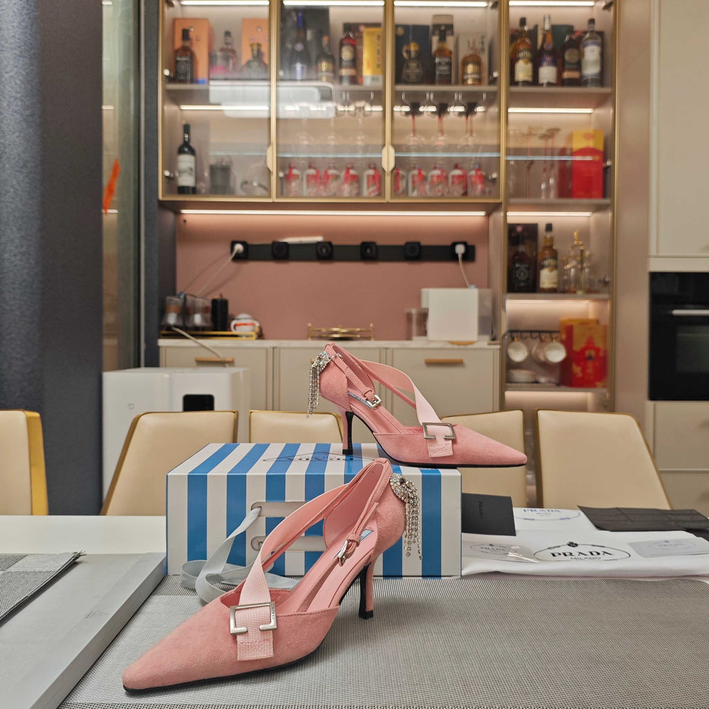 PRADA 26S POINTED-TOE HIGH-HEELED 70MM IN LIGHT PINK SUEDE