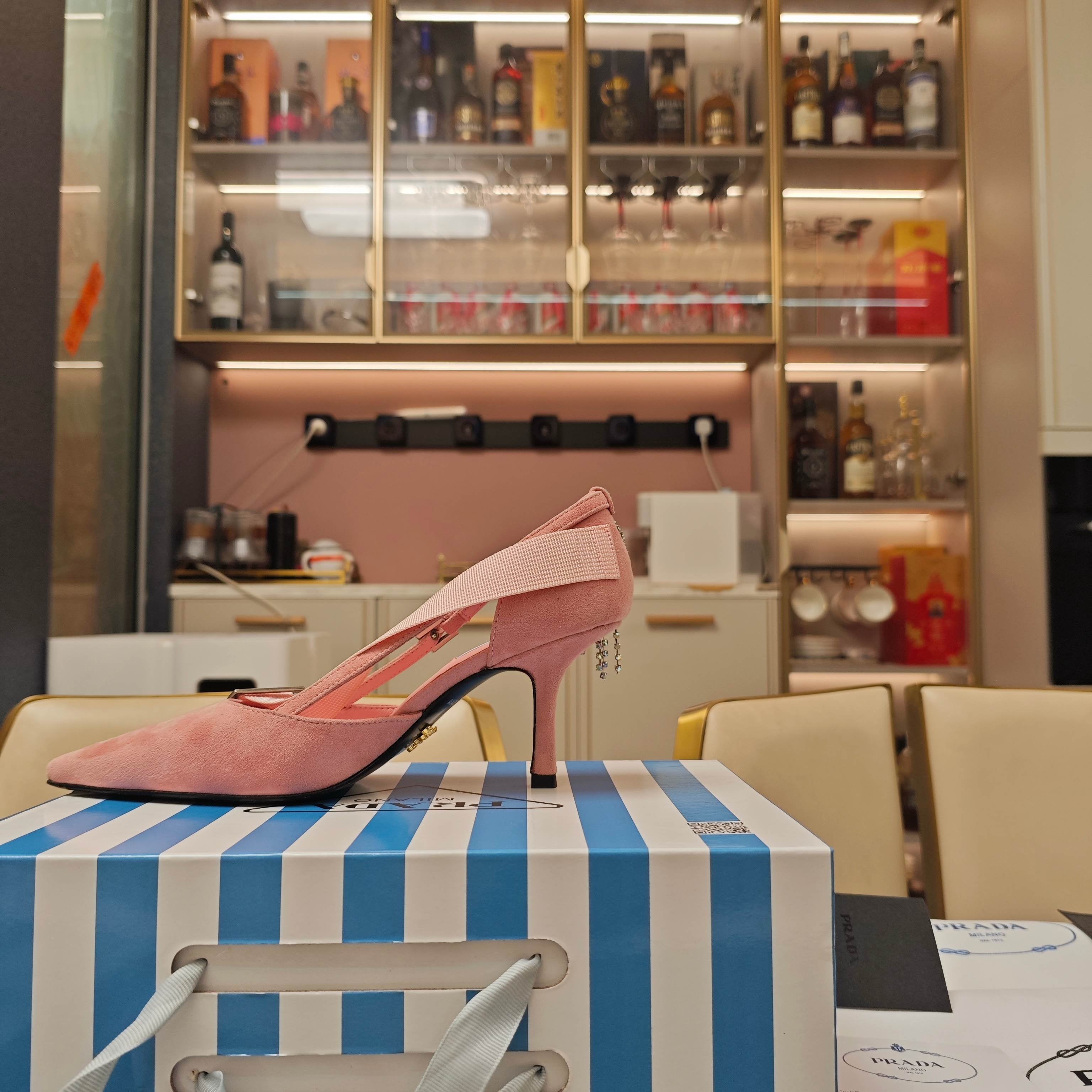 PRADA 26S POINTED-TOE HIGH-HEELED 70MM IN LIGHT PINK SUEDE