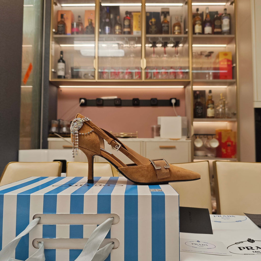 PRADA 26S POINTED-TOE HIGH-HEELED 70MM IN CARAMEL BROWN SUEDE