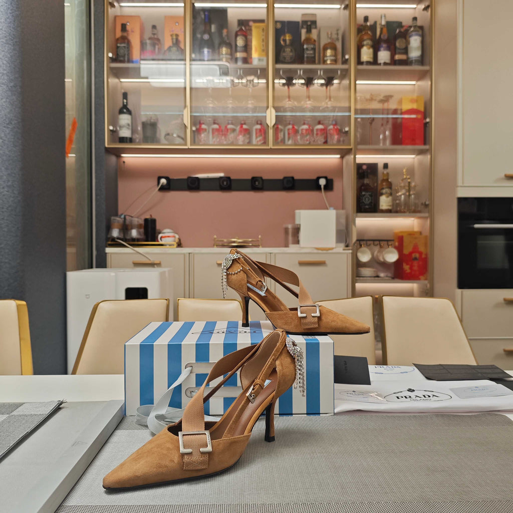 PRADA 26S POINTED-TOE HIGH-HEELED 70MM IN CARAMEL BROWN SUEDE