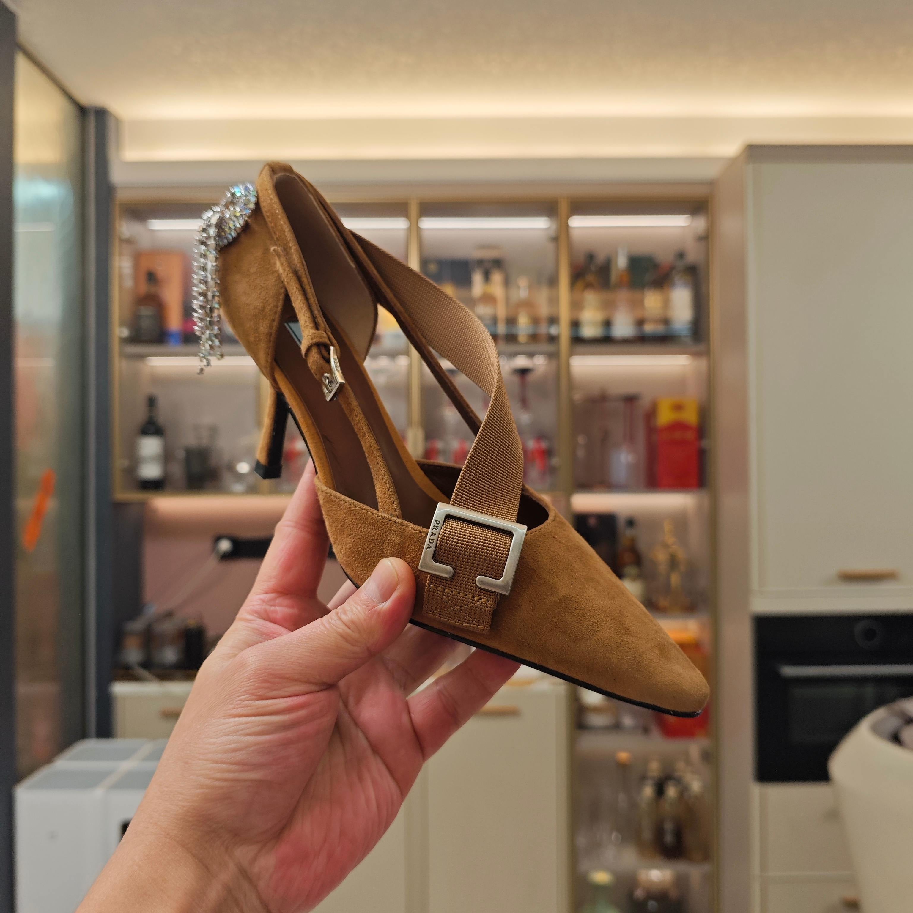 PRADA 26S POINTED-TOE HIGH-HEELED 70MM IN CARAMEL BROWN SUEDE