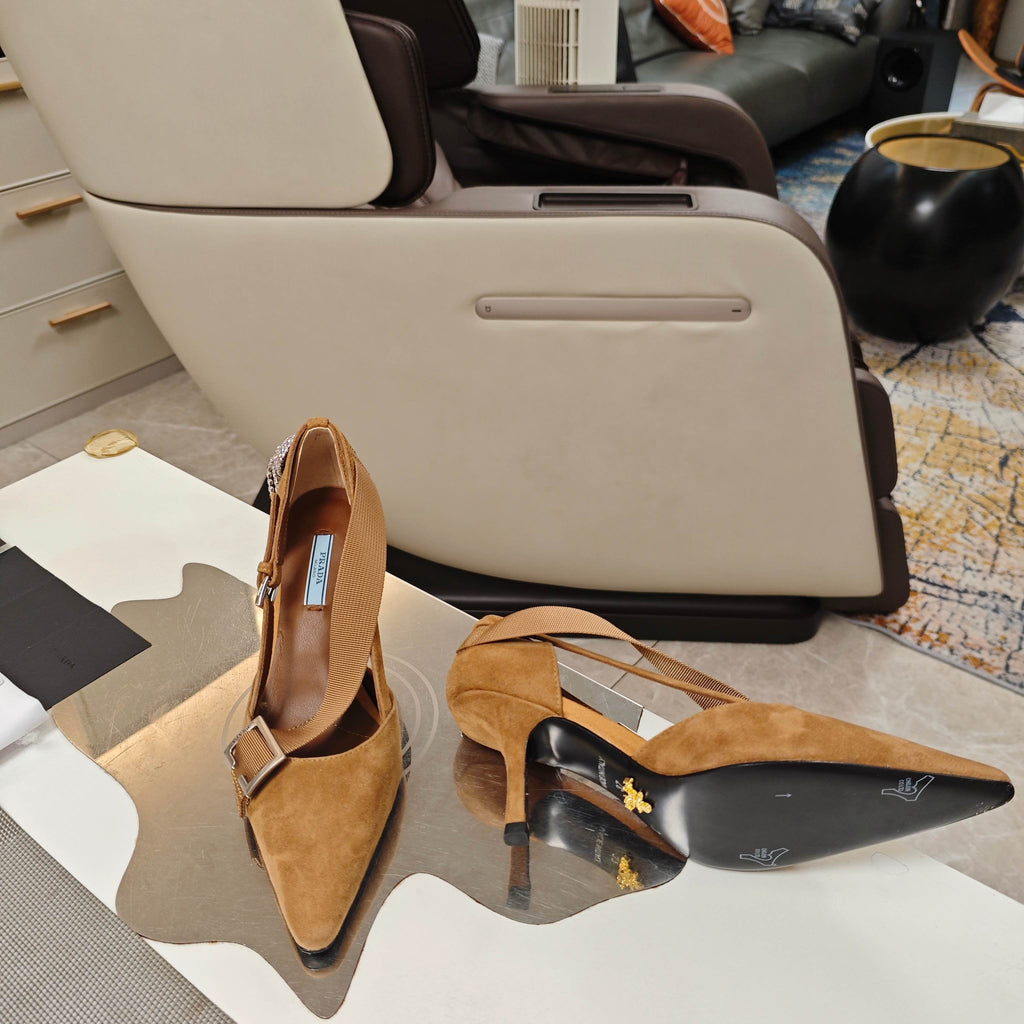 PRADA 26S POINTED-TOE HIGH-HEELED 70MM IN CARAMEL BROWN SUEDE