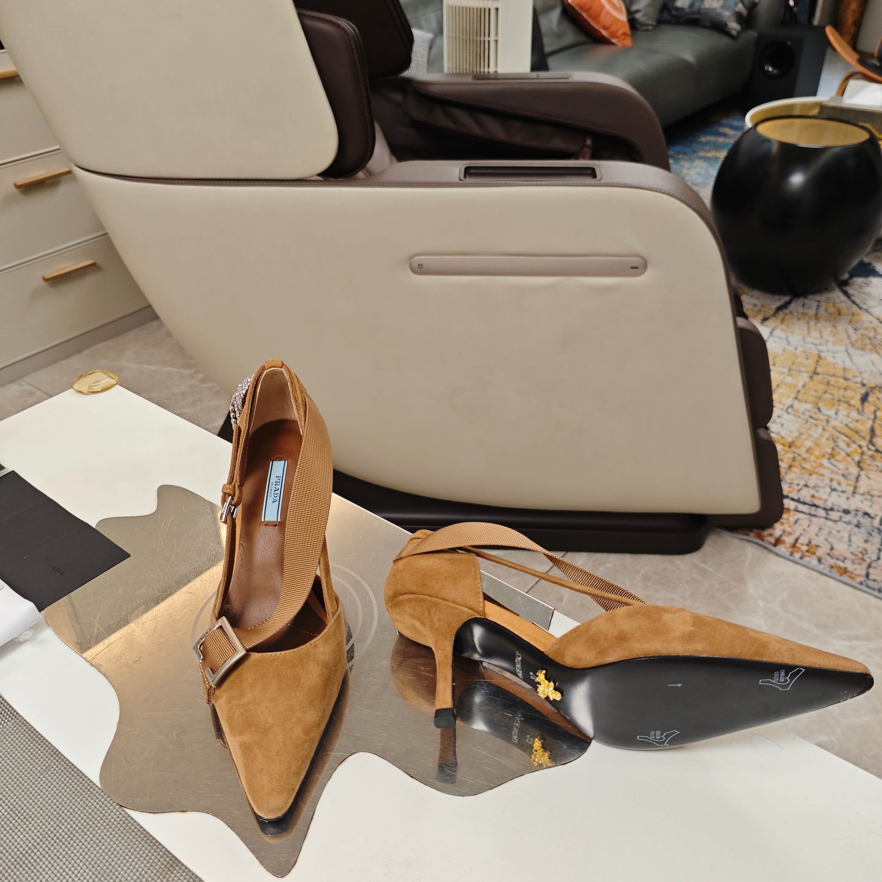 PRADA 26S POINTED-TOE HIGH-HEELED 70MM IN CARAMEL BROWN SUEDE