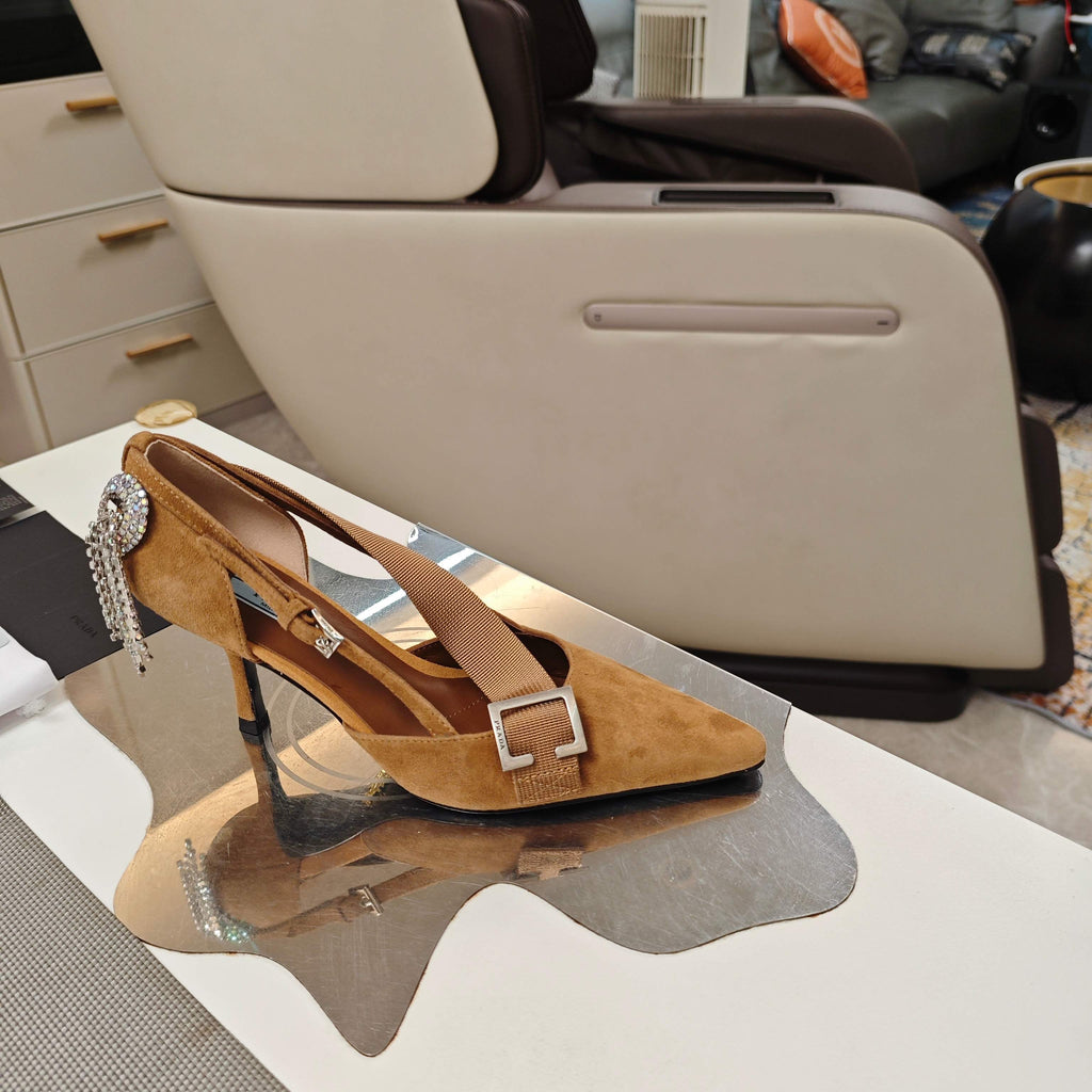 PRADA 26S POINTED-TOE HIGH-HEELED 70MM IN CARAMEL BROWN SUEDE