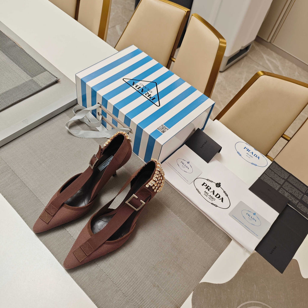 PRADA 26S POINTED-TOE HIGH-HEELED 70MM IN ROSE BROWN FABRIC