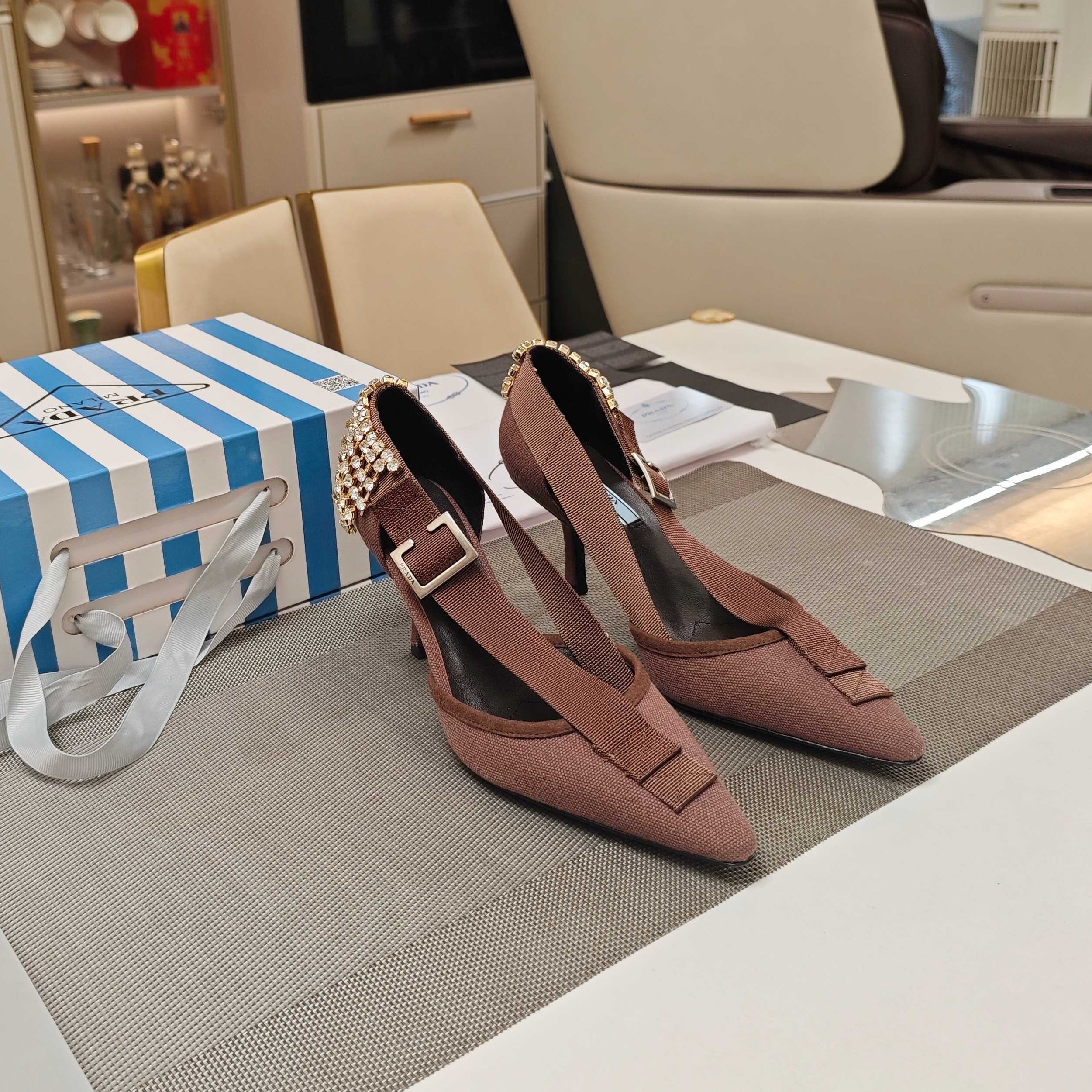 PRADA 26S POINTED-TOE HIGH-HEELED 70MM IN ROSE BROWN FABRIC