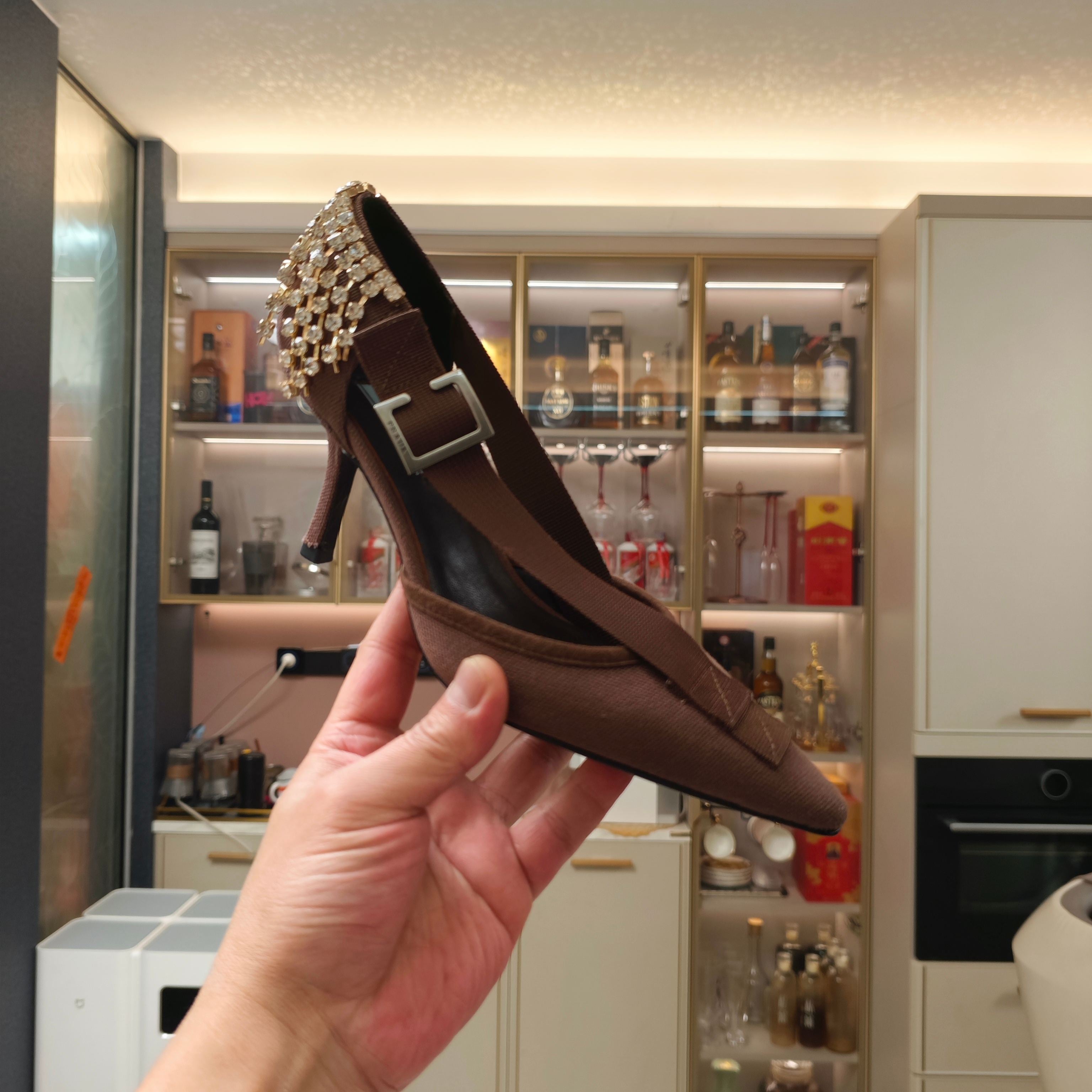 PRADA 26S POINTED-TOE HIGH-HEELED 70MM IN ROSE BROWN FABRIC