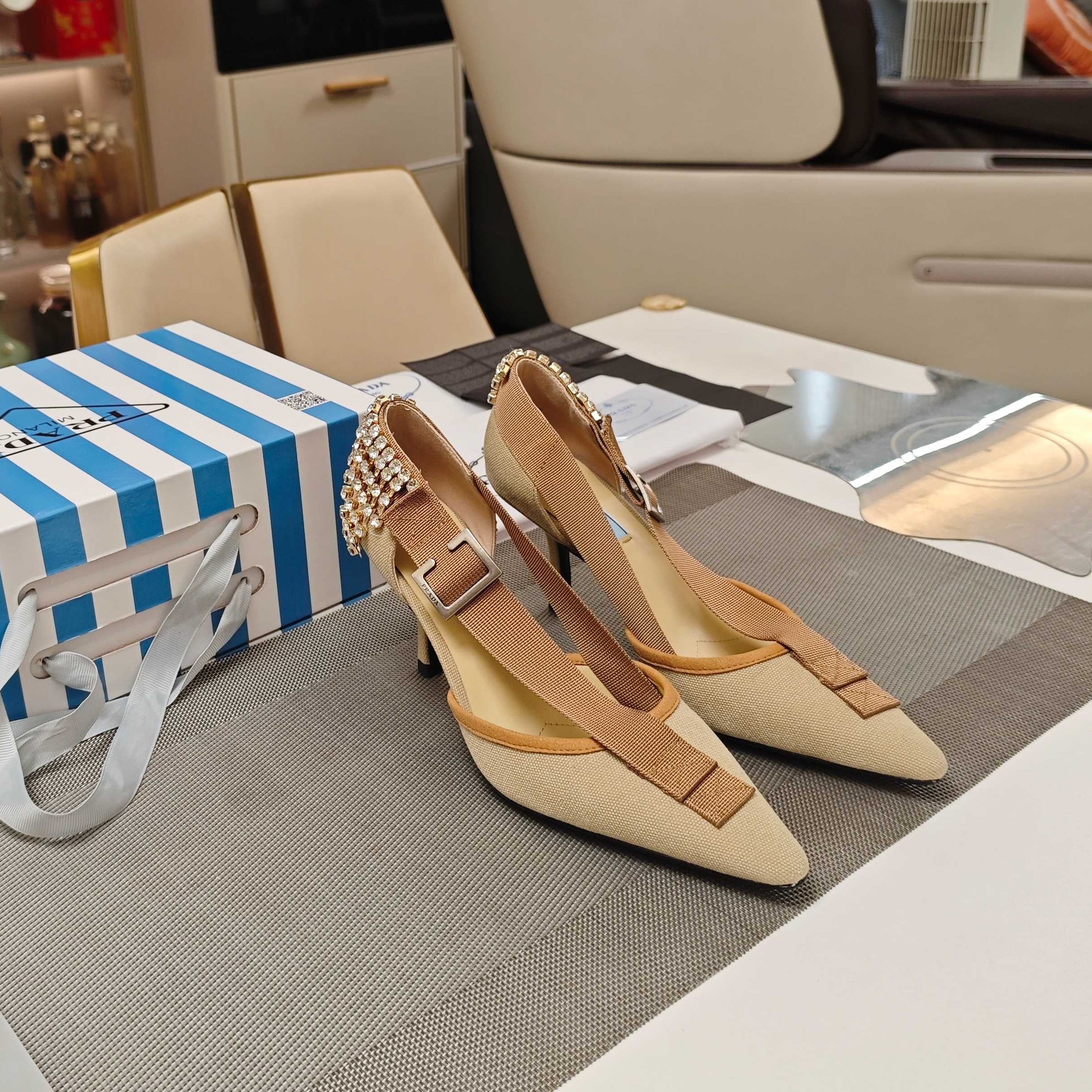 PRADA 26S POINTED-TOE HIGH-HEELED 70MM IN BEIGE FABRIC