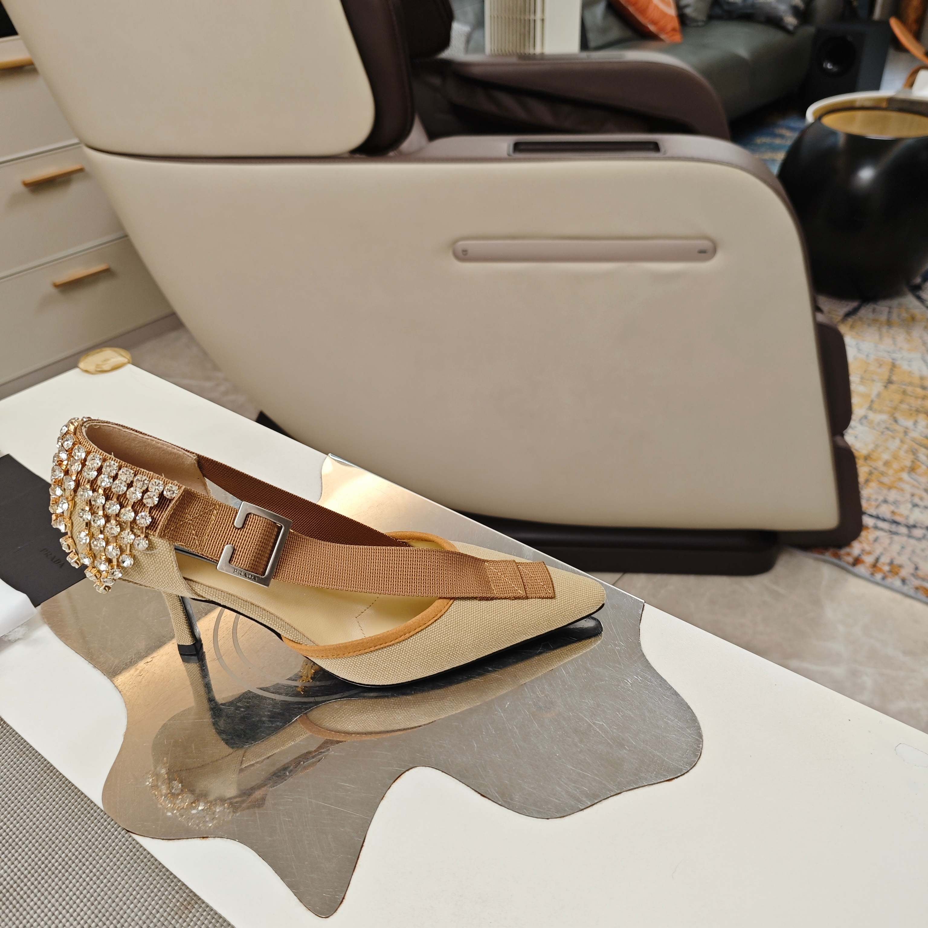 PRADA 26S POINTED-TOE HIGH-HEELED 70MM IN BEIGE FABRIC
