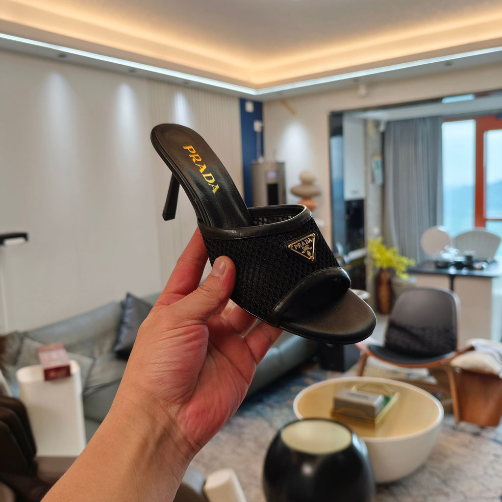 PRADA 26S MULE SANDALS 75MM IN BLACK CALFSKIN AND MESH GOLD HARDWARE