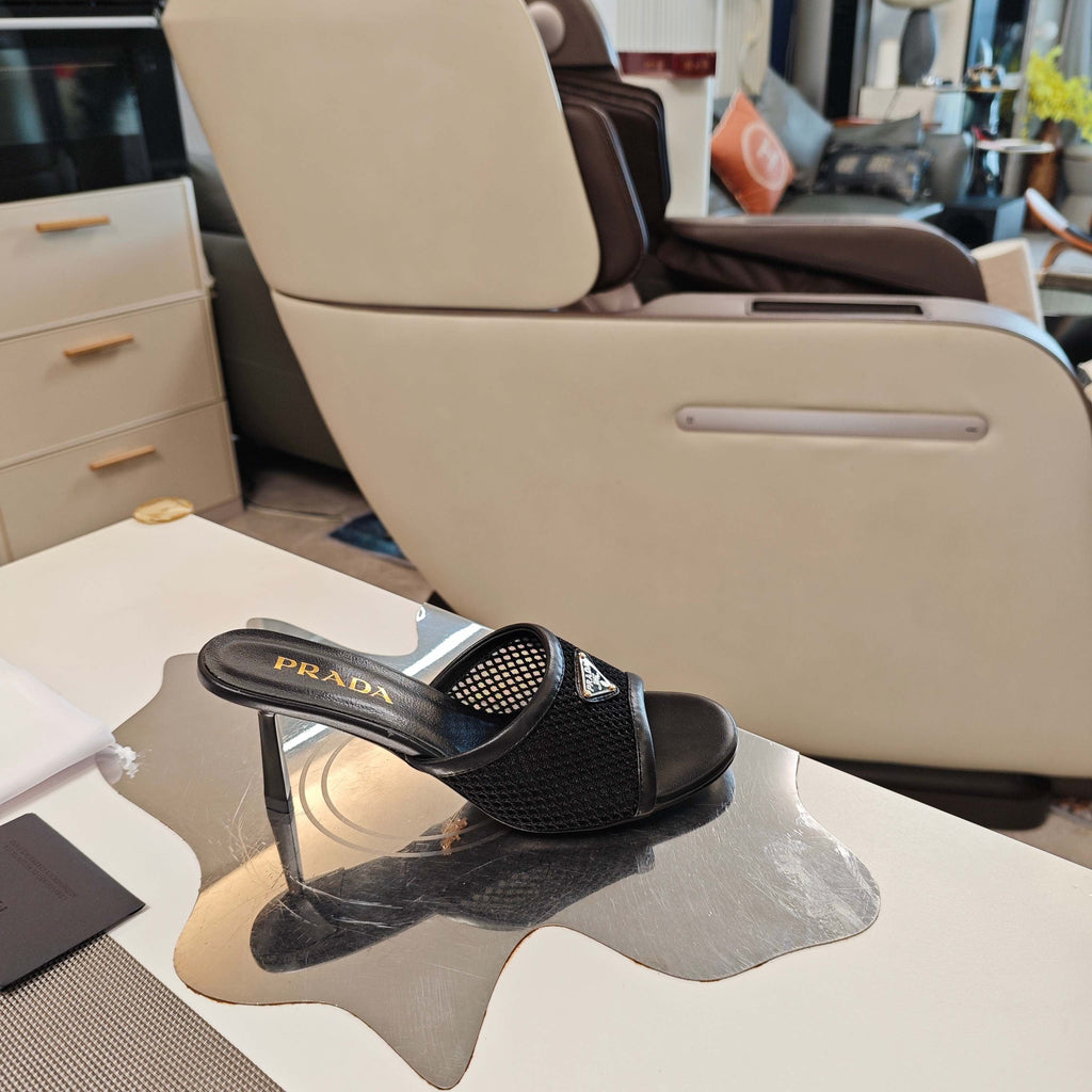 PRADA 26S MULE SANDALS 75MM IN BLACK CALFSKIN AND MESH GOLD HARDWARE