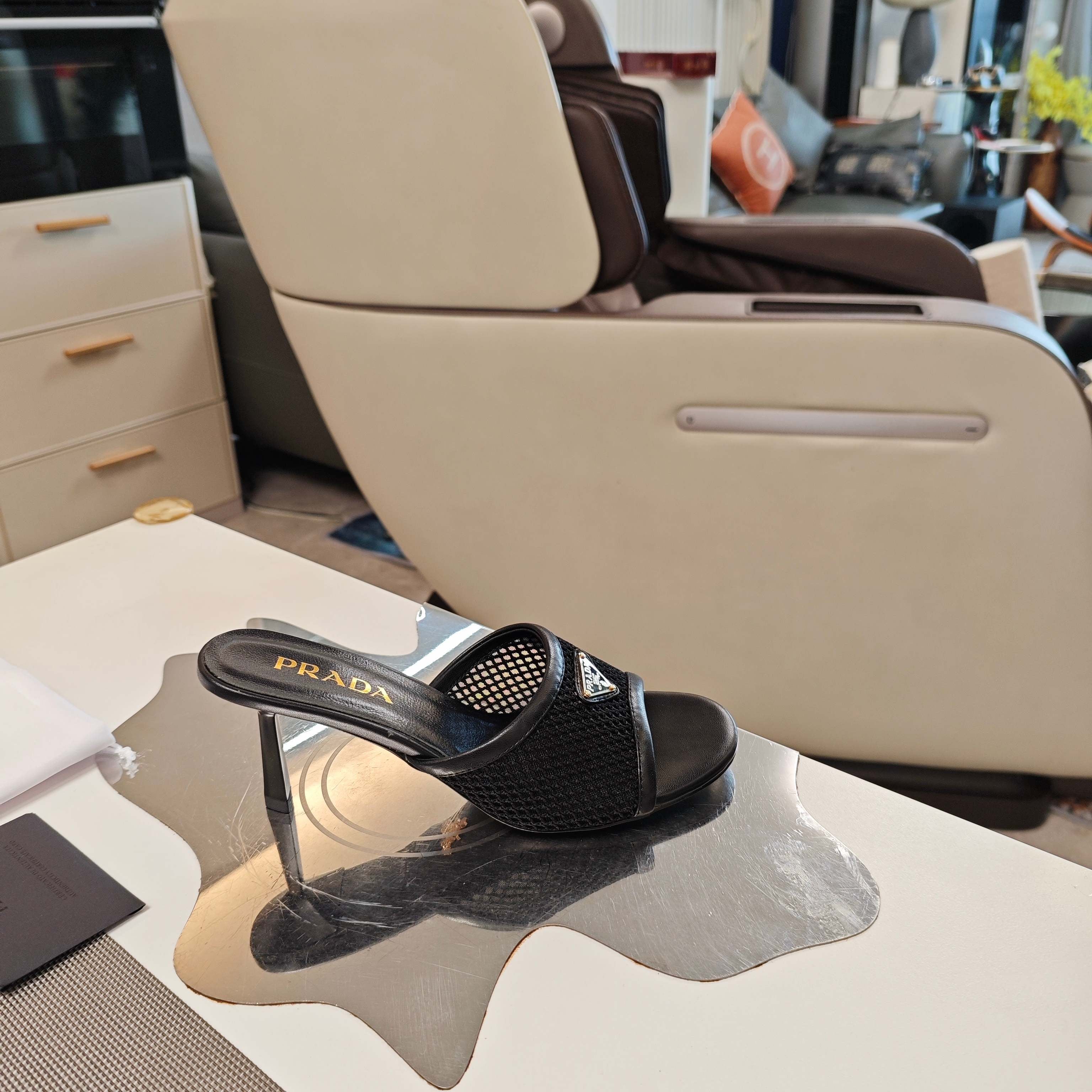 PRADA 26S MULE SANDALS 75MM IN BLACK CALFSKIN AND MESH GOLD HARDWARE