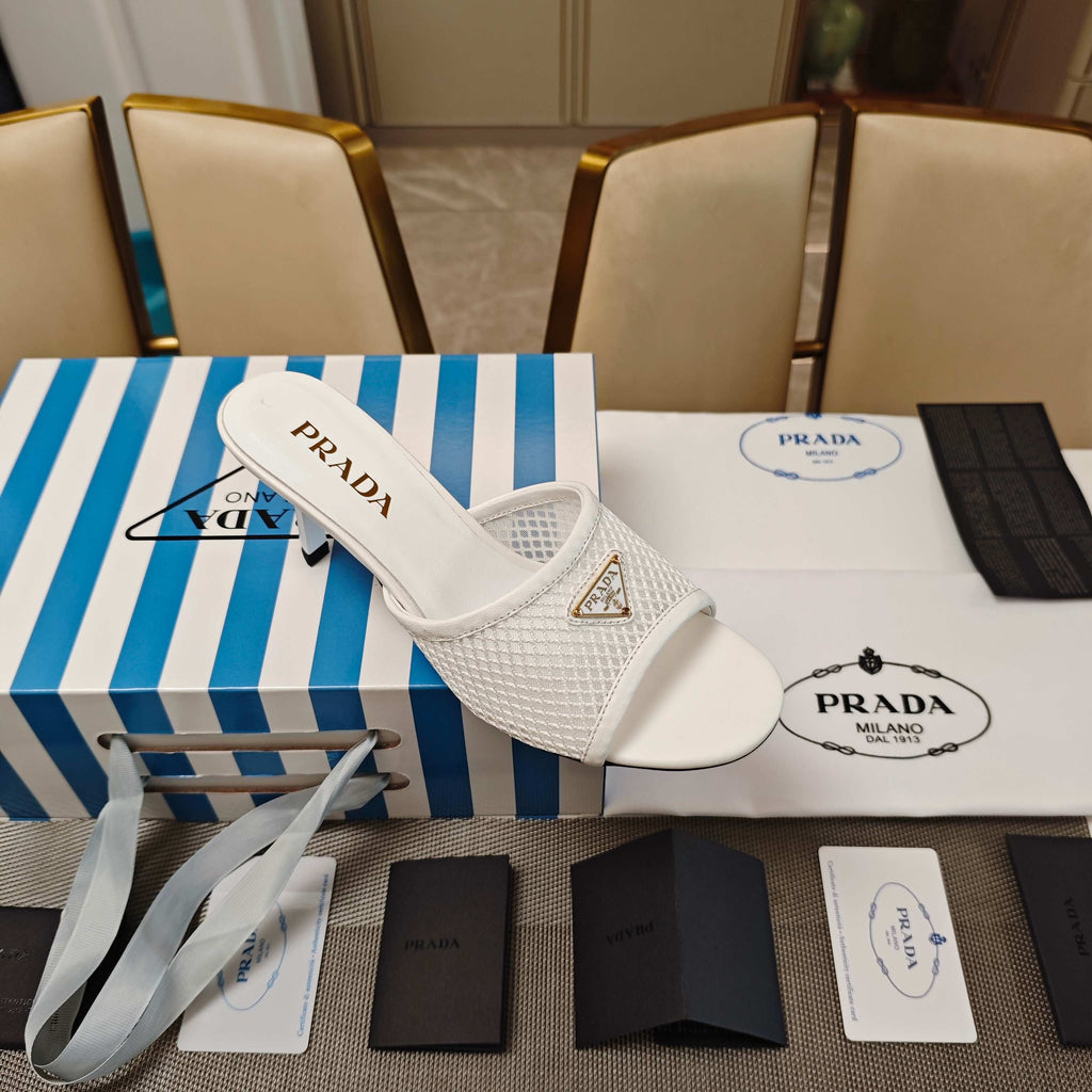PRADA 26S MULE SANDALS 75MM IN WHITE CALFSKIN AND MESH GOLD HARDWARE