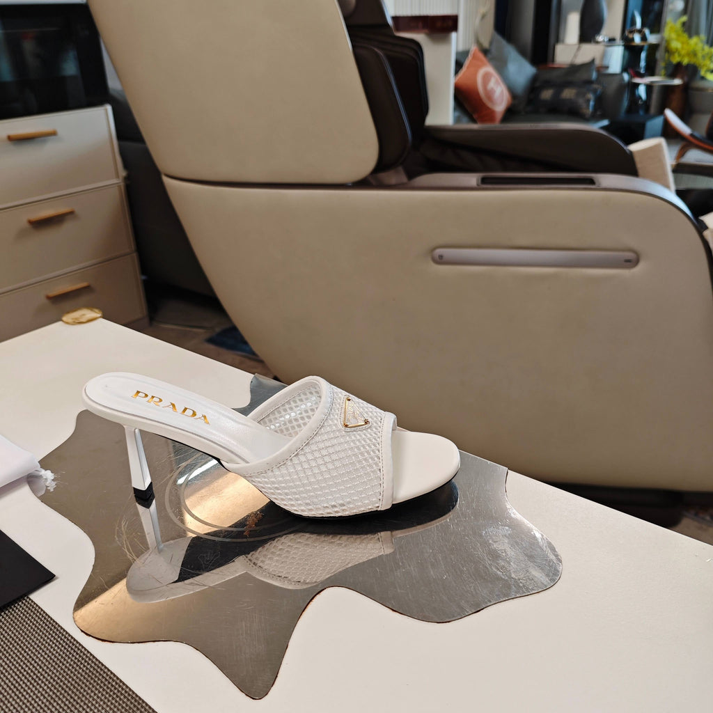 PRADA 26S MULE SANDALS 75MM IN WHITE CALFSKIN AND MESH GOLD HARDWARE