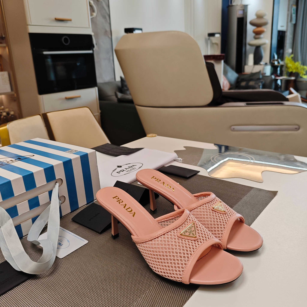 PRADA 26S MULE SANDALS 75MM IN BLUSH PINK CALFSKIN AND MESH GOLD HARDWARE