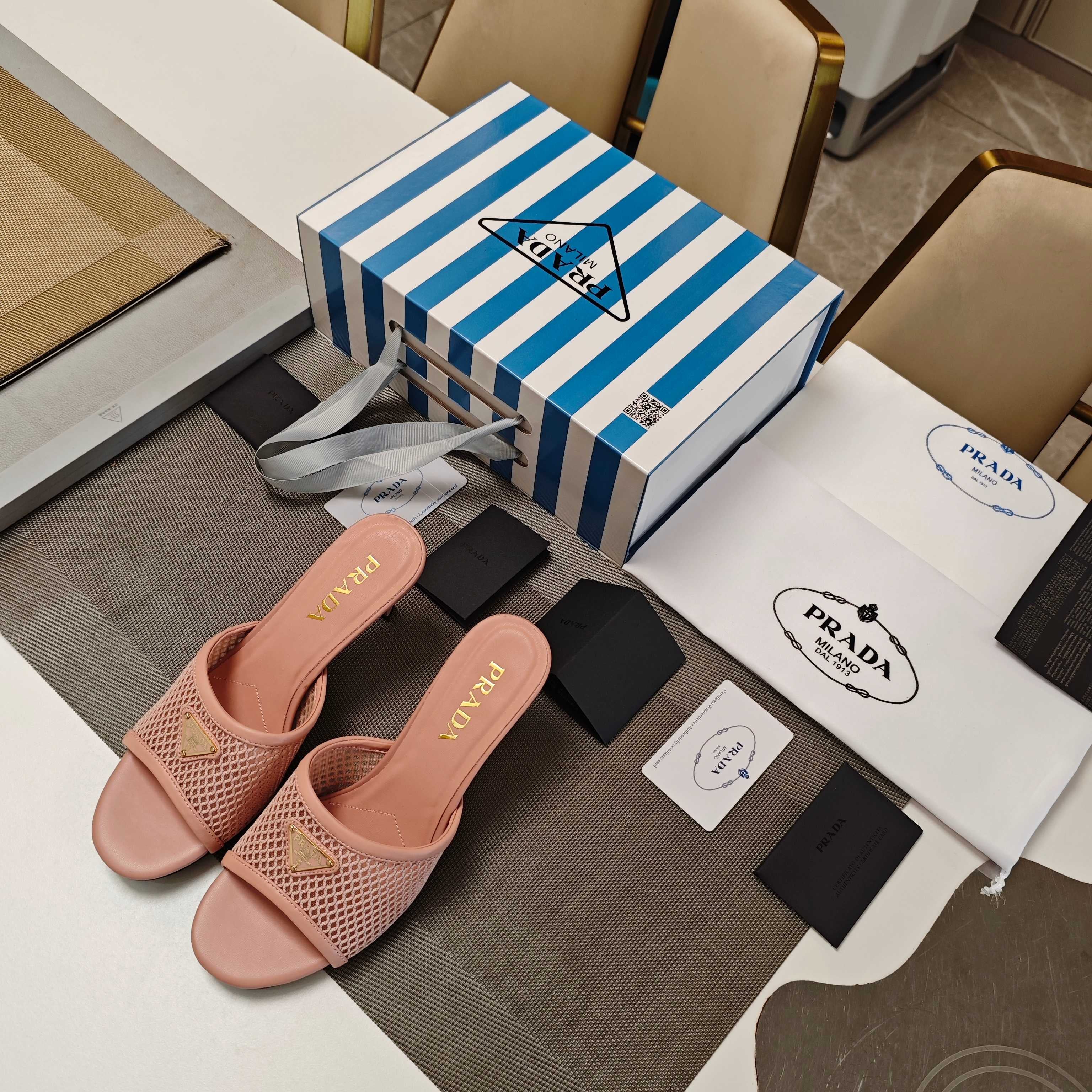 PRADA 26S MULE SANDALS 75MM IN BLUSH PINK CALFSKIN AND MESH GOLD HARDWARE