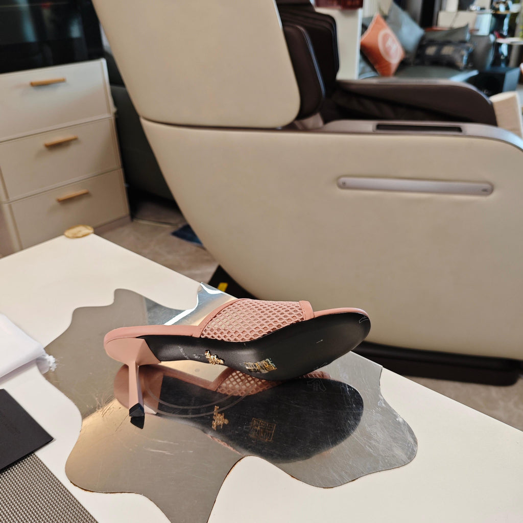 PRADA 26S MULE SANDALS 75MM IN BLUSH PINK CALFSKIN AND MESH GOLD HARDWARE
