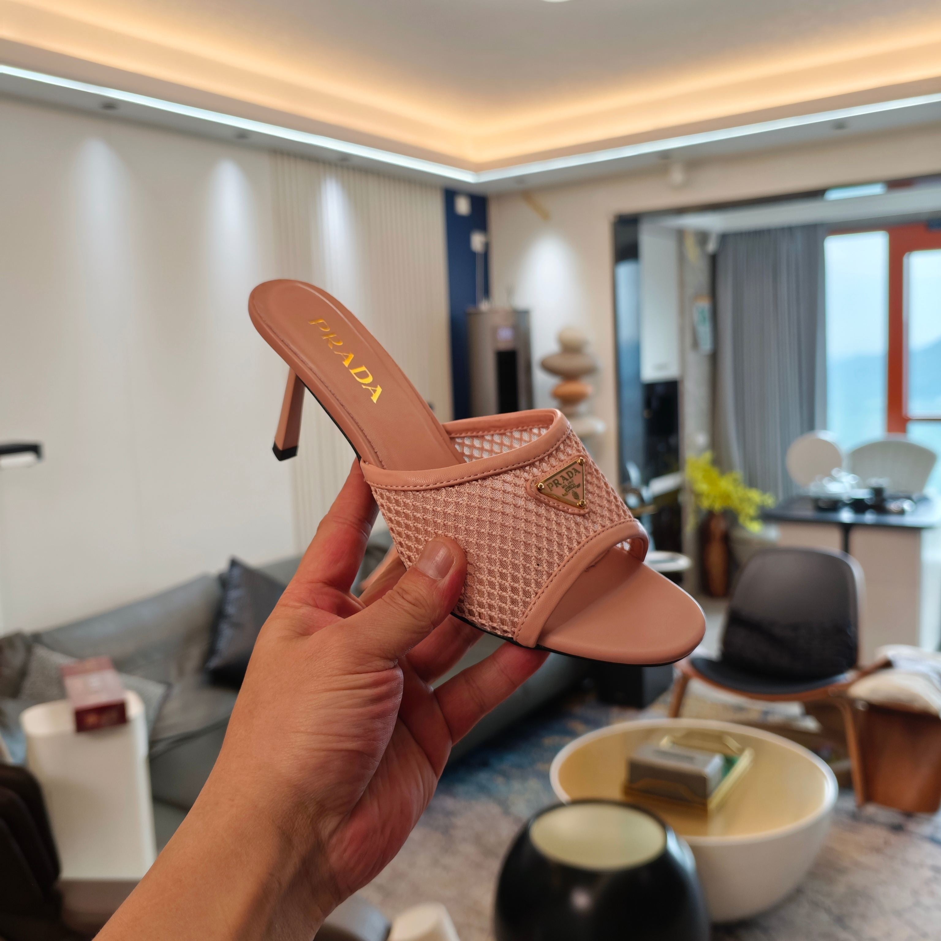 PRADA 26S MULE SANDALS 75MM IN BLUSH PINK CALFSKIN AND MESH GOLD HARDWARE