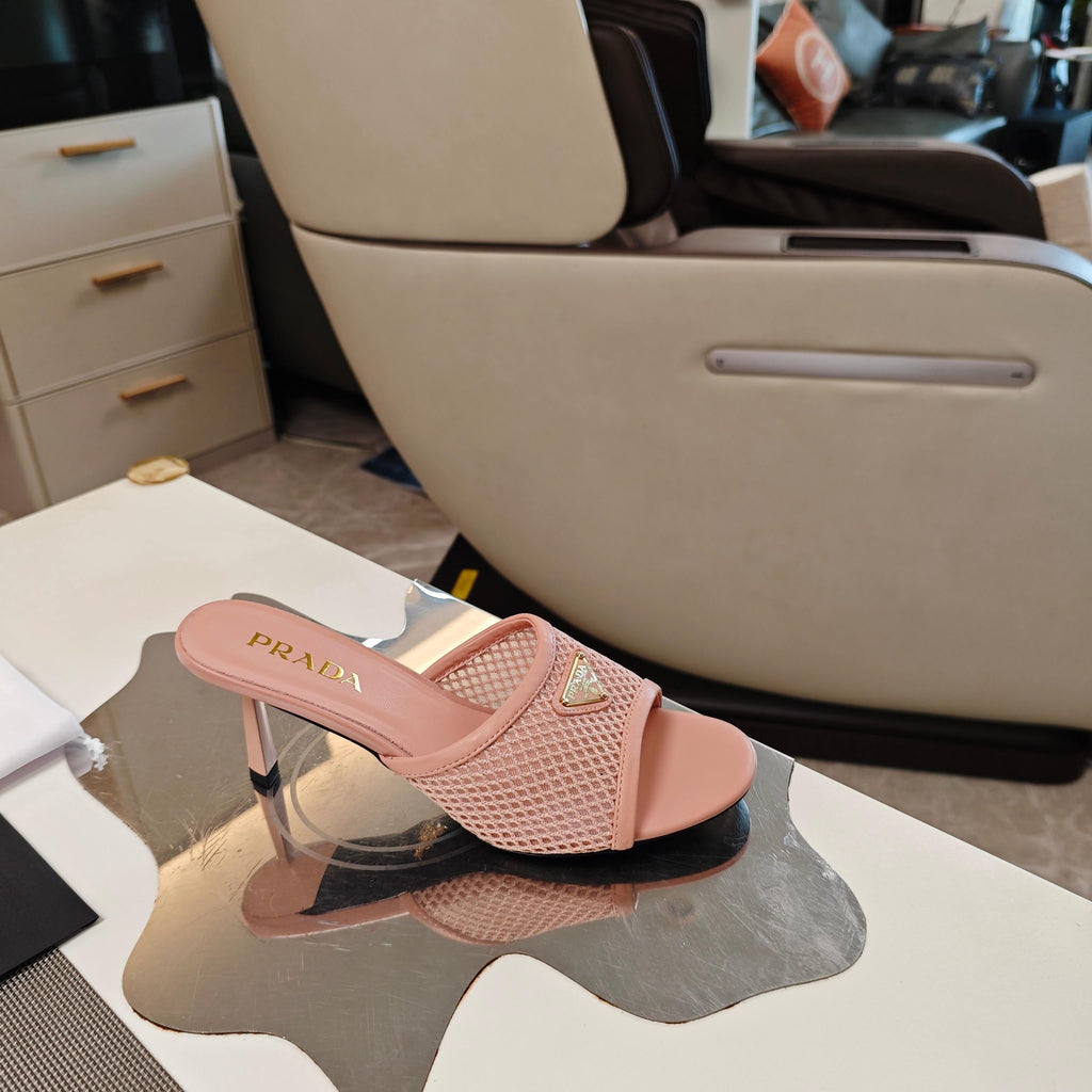 PRADA 26S MULE SANDALS 75MM IN BLUSH PINK CALFSKIN AND MESH GOLD HARDWARE