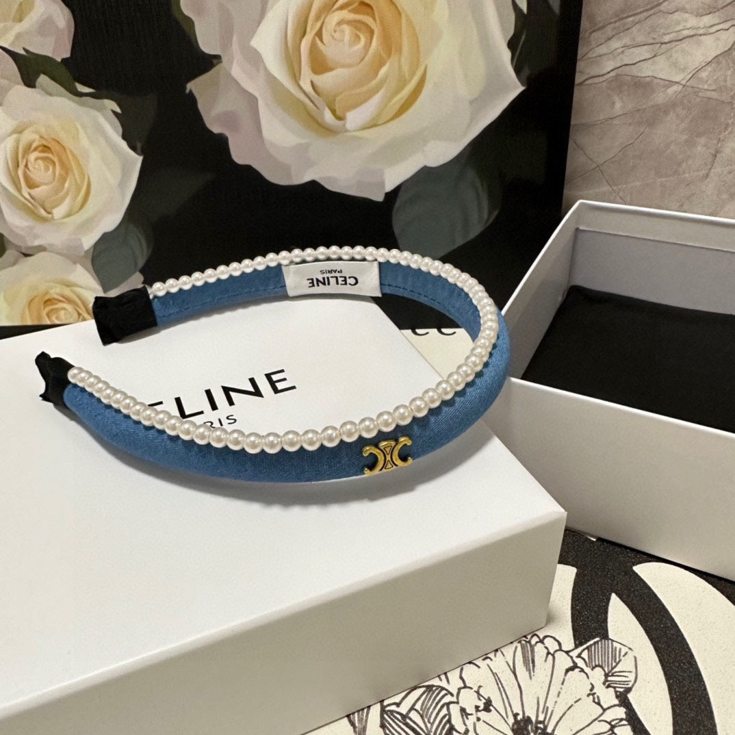 BRIGHT BLUE DENIM FABRIC HAIRBAND WITH PEARL CHAIN 400482