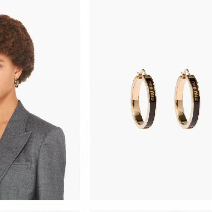 MIUMIU 26S LOGO HOOP EARRINGS IN BLACK ENAMEL AND GOLD TONE METAL 626893